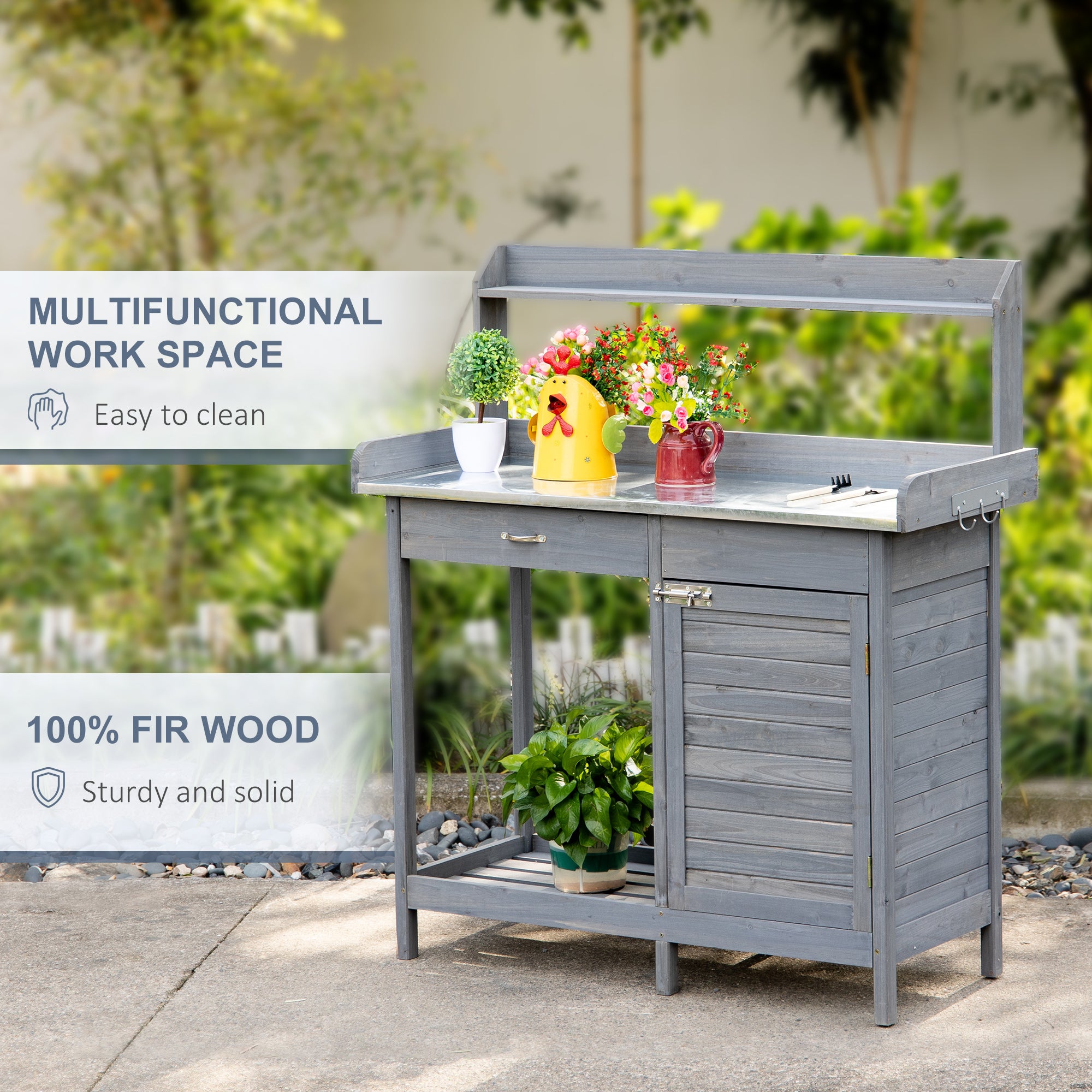Outdoor Potting Bench Table, Garden Work Station with Storage Cabinet, Open Shelf and Steel Tabletop, Gray - Grey - Image 7