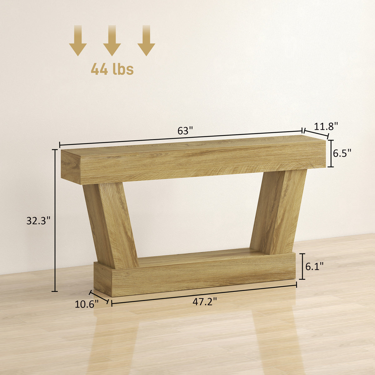 63 Inch Vintage Console Table, Narrow Entryway Table with Open Shelf for Living Room, Oak