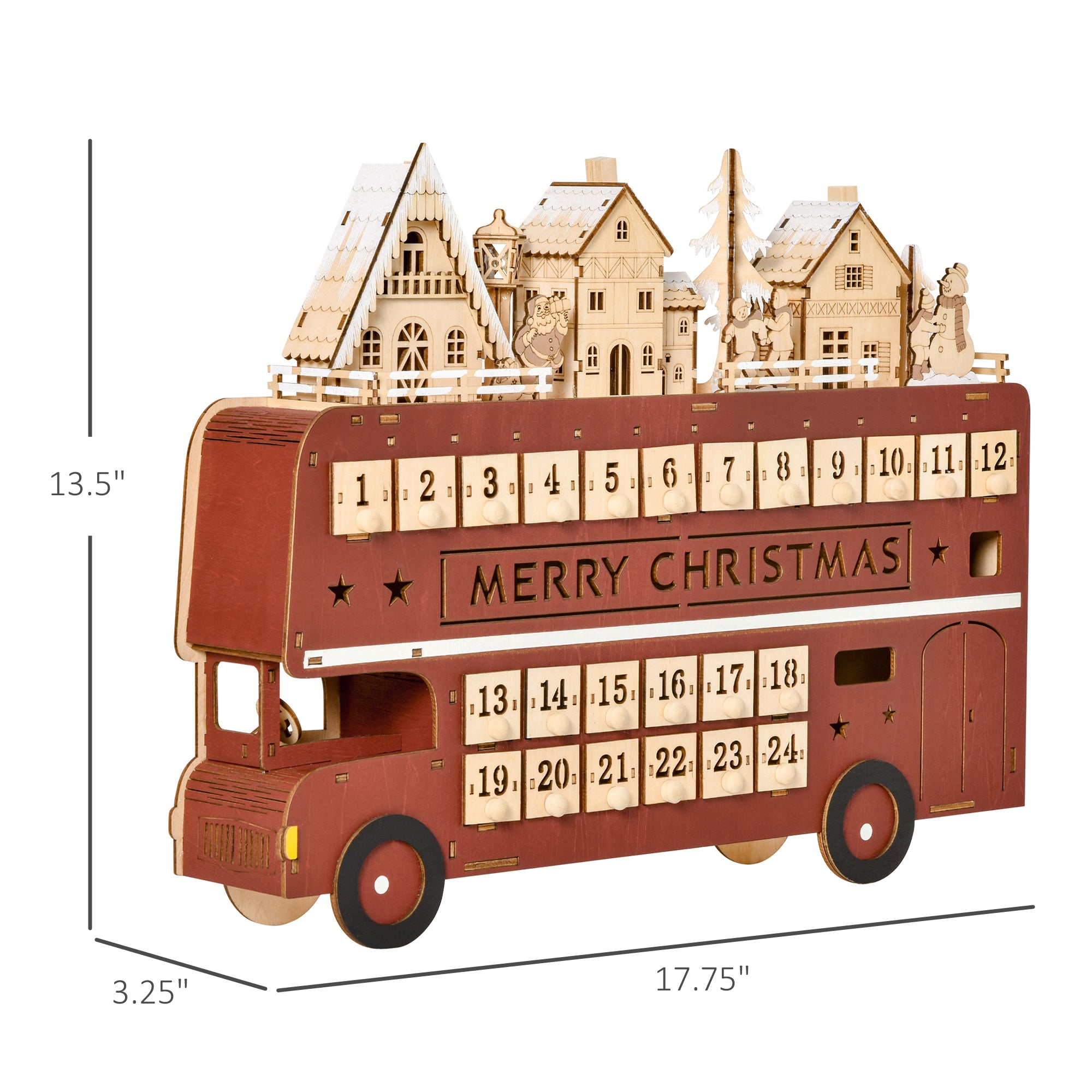 Christmas Advent Calendar, Light Up Table Xmas Wooden Bus Holiday Decoration with Countdown Drawer, Santa Claus Street House, for Kids and Adults