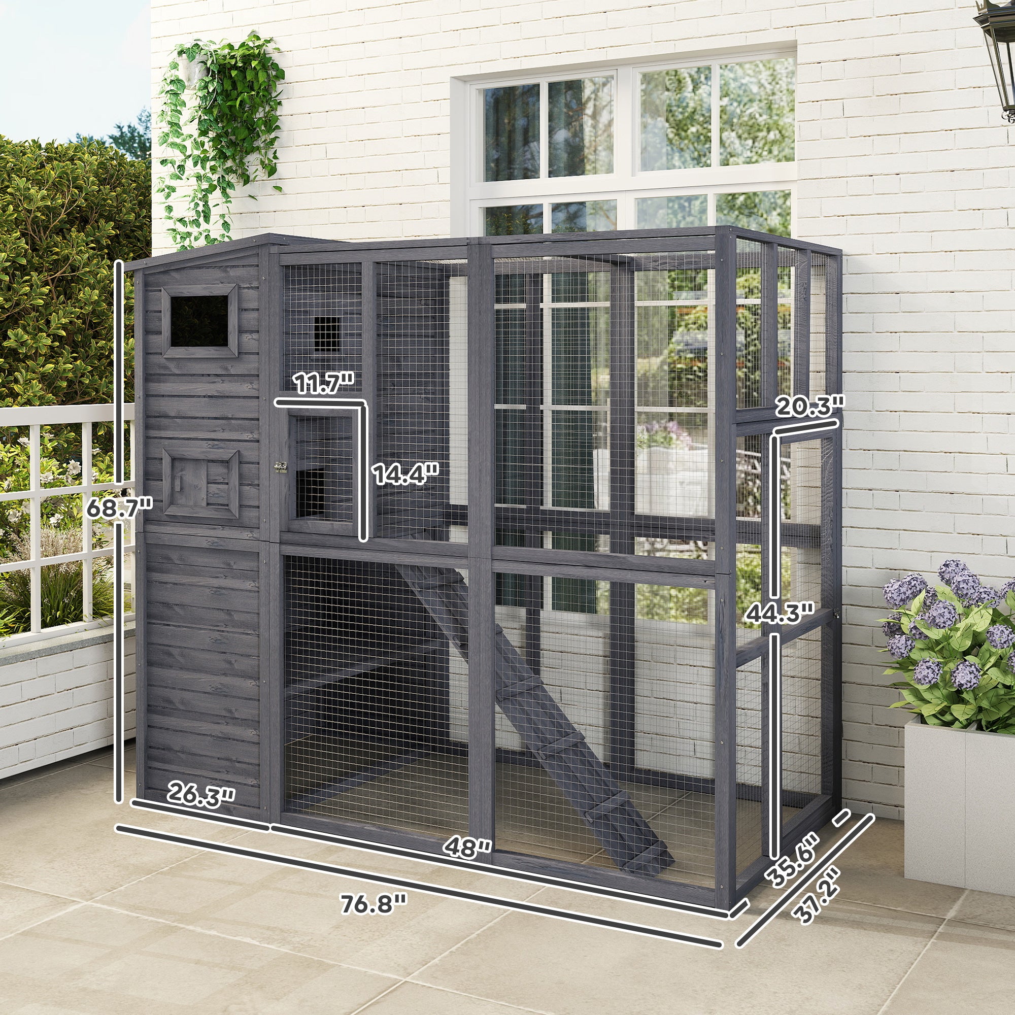 Wooden Outdoor Catio with Platforms, Asphalt Roof, Ramps, Gray - Gray - Image 3