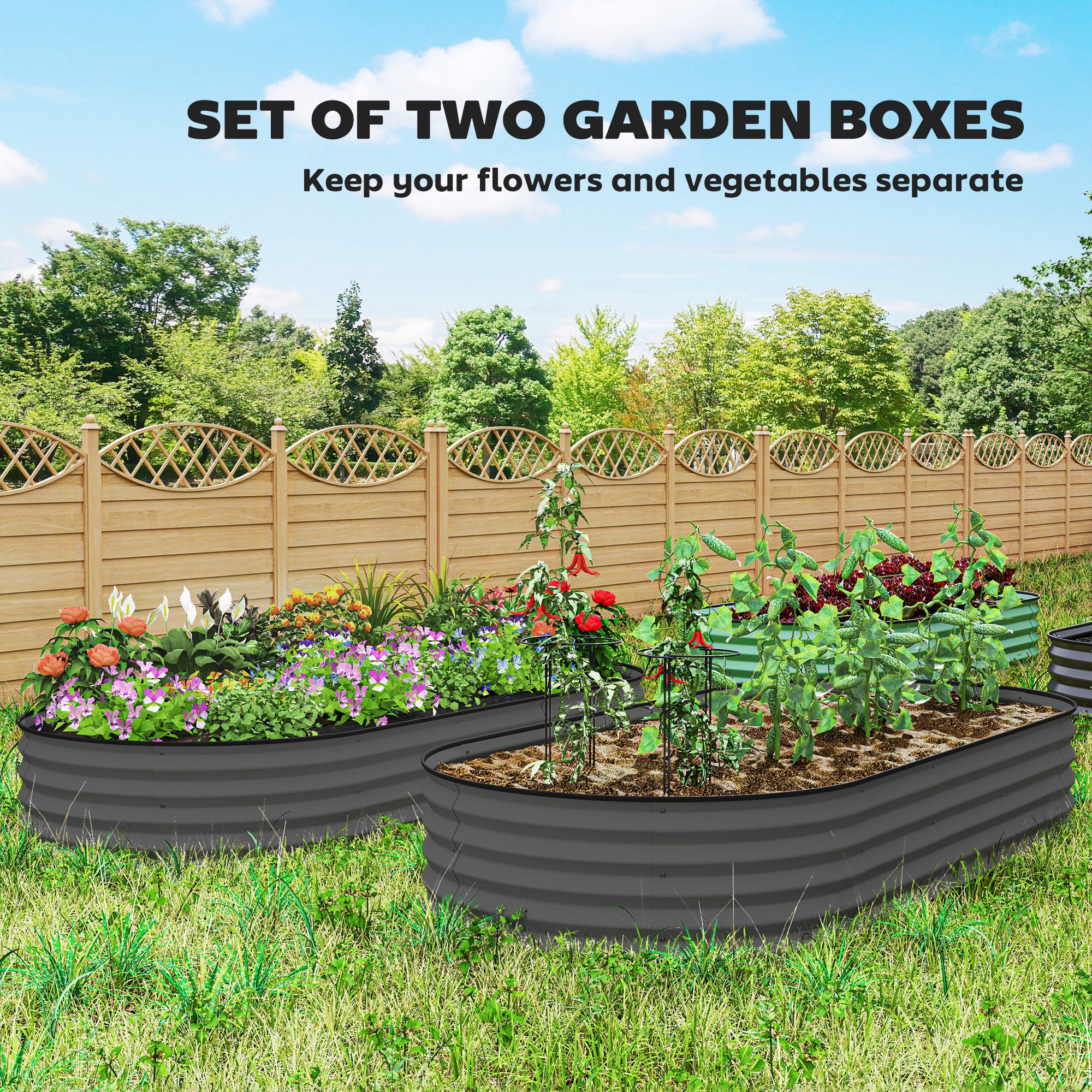 7' x 3' x 1' Raised Garden Bed Set, 2PCS Raised Beds for Gardening with Metal Plant Stakes, Dark Gray - Dark Gray - Image 4