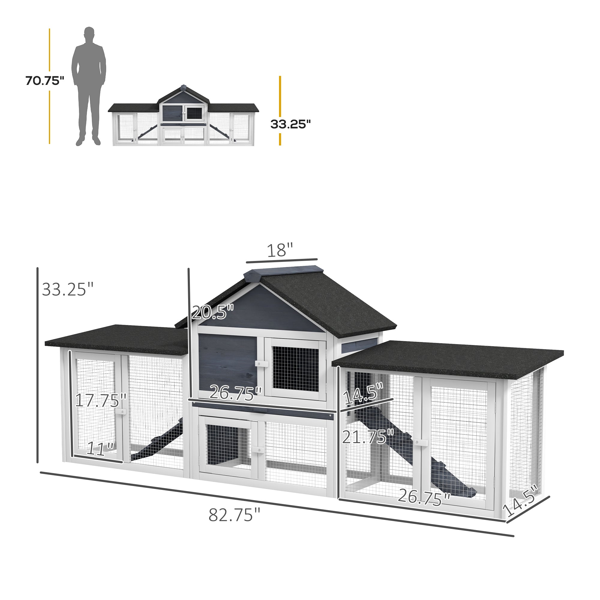 Outdoor Rabbit House 83" 2 Story Deluxe XL Wooden Rabbit Hutch, Big Bunny Cage w/ Ladder and Run, Dark Gray - Dark Gray - Image 3