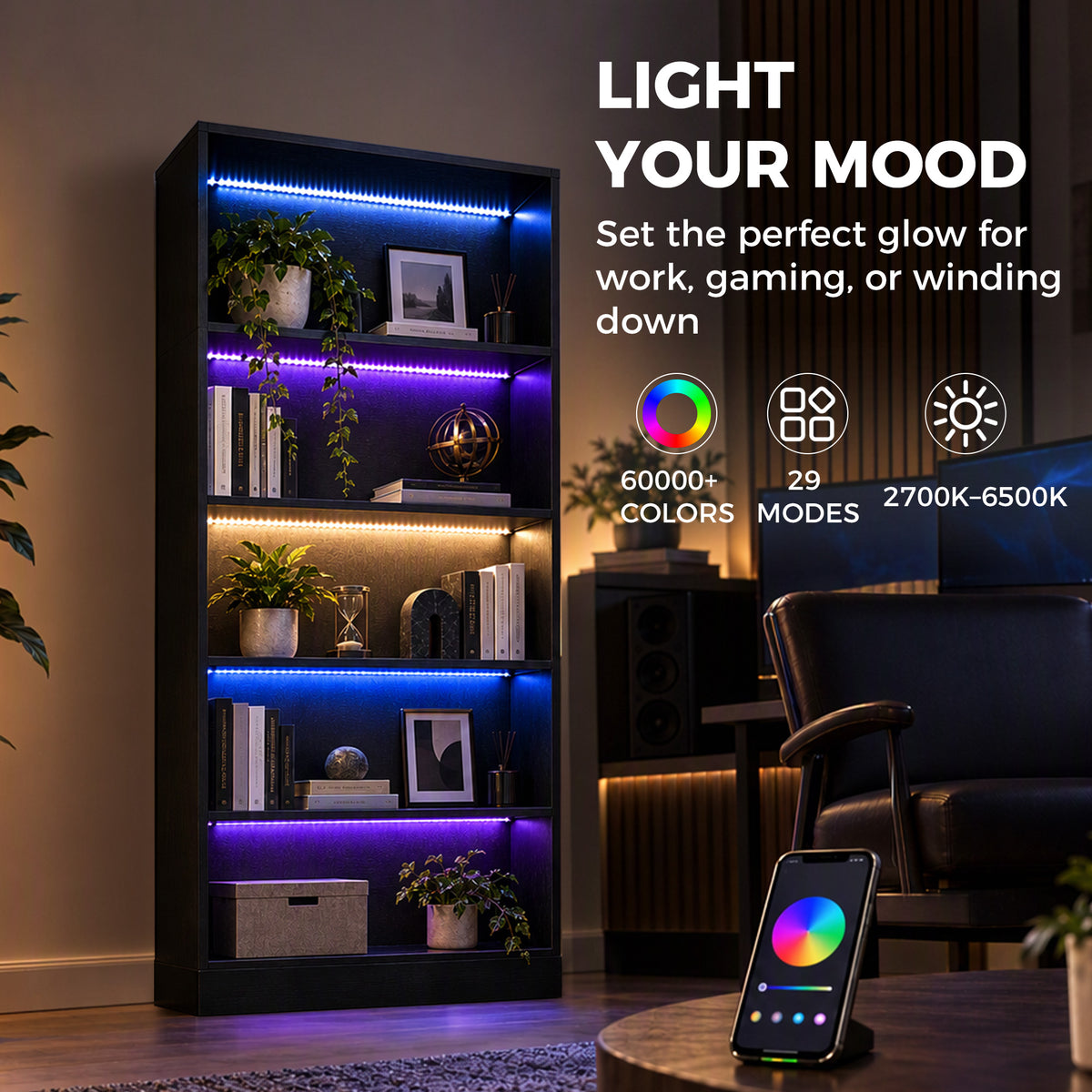 Bookshelf with LED Lights, 5-Tier Bookcase, Cable Holes, for Living Room, Study, Black Wood Grain