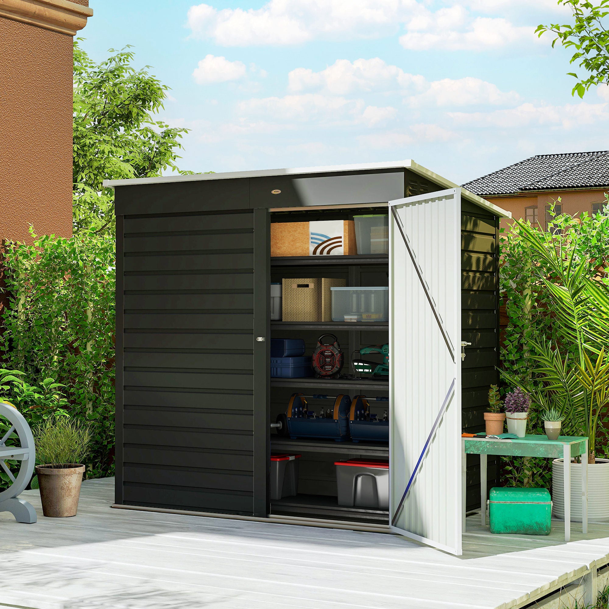 6' x 4' Outdoor Garden Shed, Metal Storage Shed with Lockable Door and Gloves for Backyard Garden Patio, Dark Gray - Dark Gray - Image 2