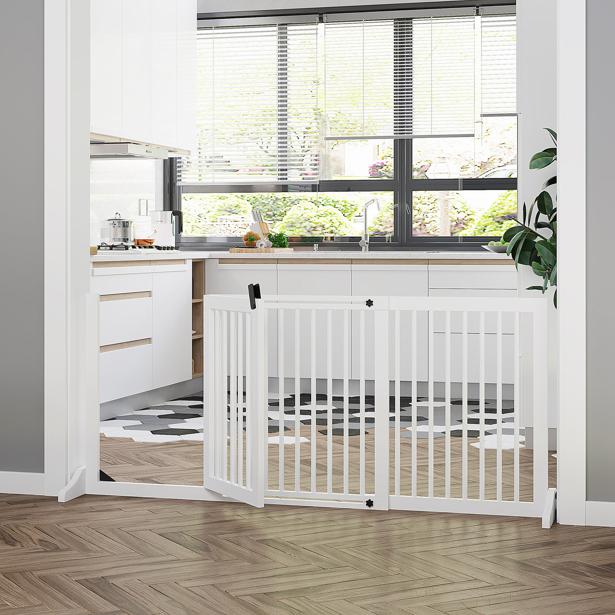 Freestanding Length Adjustable Wooden Pet Gate with Lockable Door 3 Panels, White