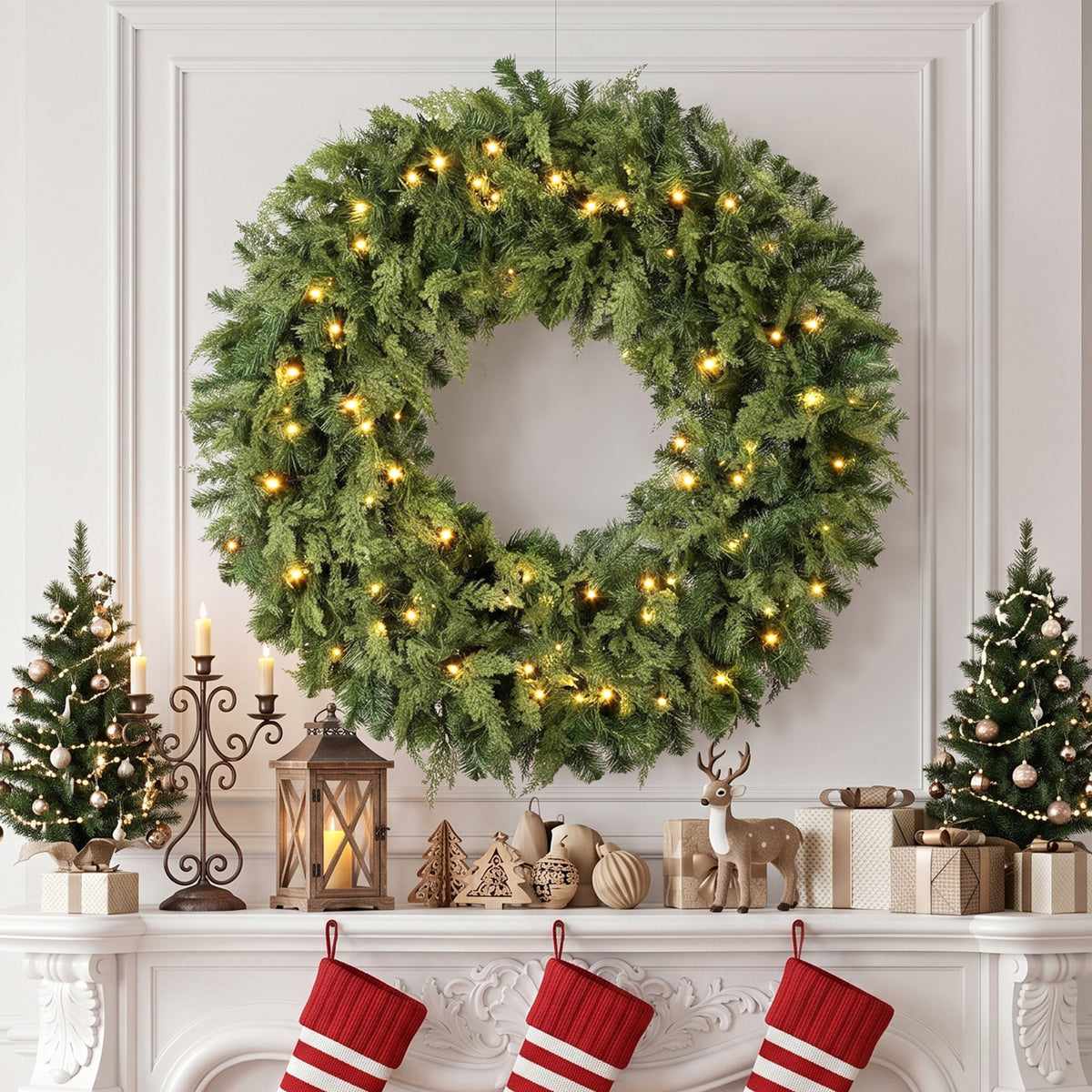 36" Prelit Crestwood Spruce Artificial Christmas Wreath, Christmas Decor with Bow, LEDs, 8 Modes, Realistic Tips