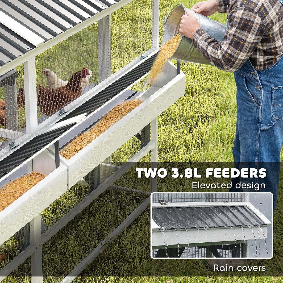 Wooden Chicken Coop, Outdoor Hen House with 2 Feeders, 2 Nesting Boxes, 2 Roosting Bars, Ramps, Waterproof Roof