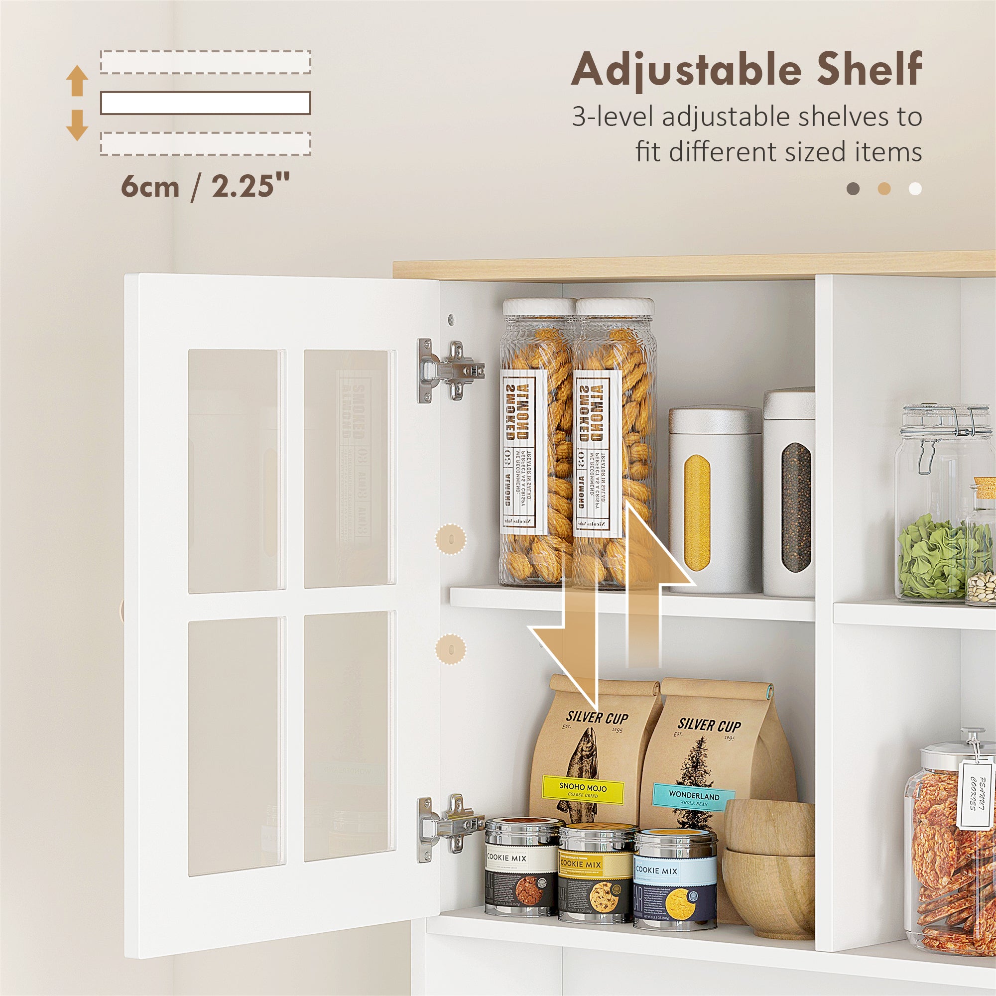 Kitchen Pantry Cabinet, 72" Freestanding Storage Cabinet with Hutch, Large Countertop, Glass Doors and Adjustable Shelves, Microwave Cabinet, Coffee Bar Cabinet for Dining Room, White