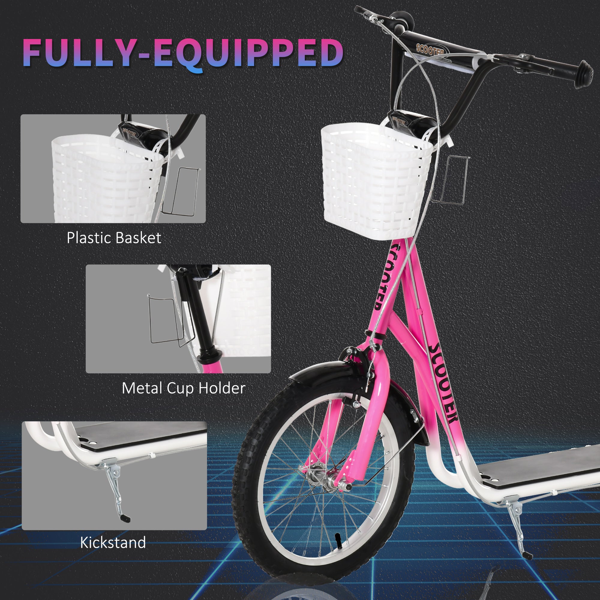 Youth Scooter, Kick Scooter with Adjustable Handlebars, Double Brakes, 16" Inflatable Rubber Tires, Basket, Cupholder, Pink