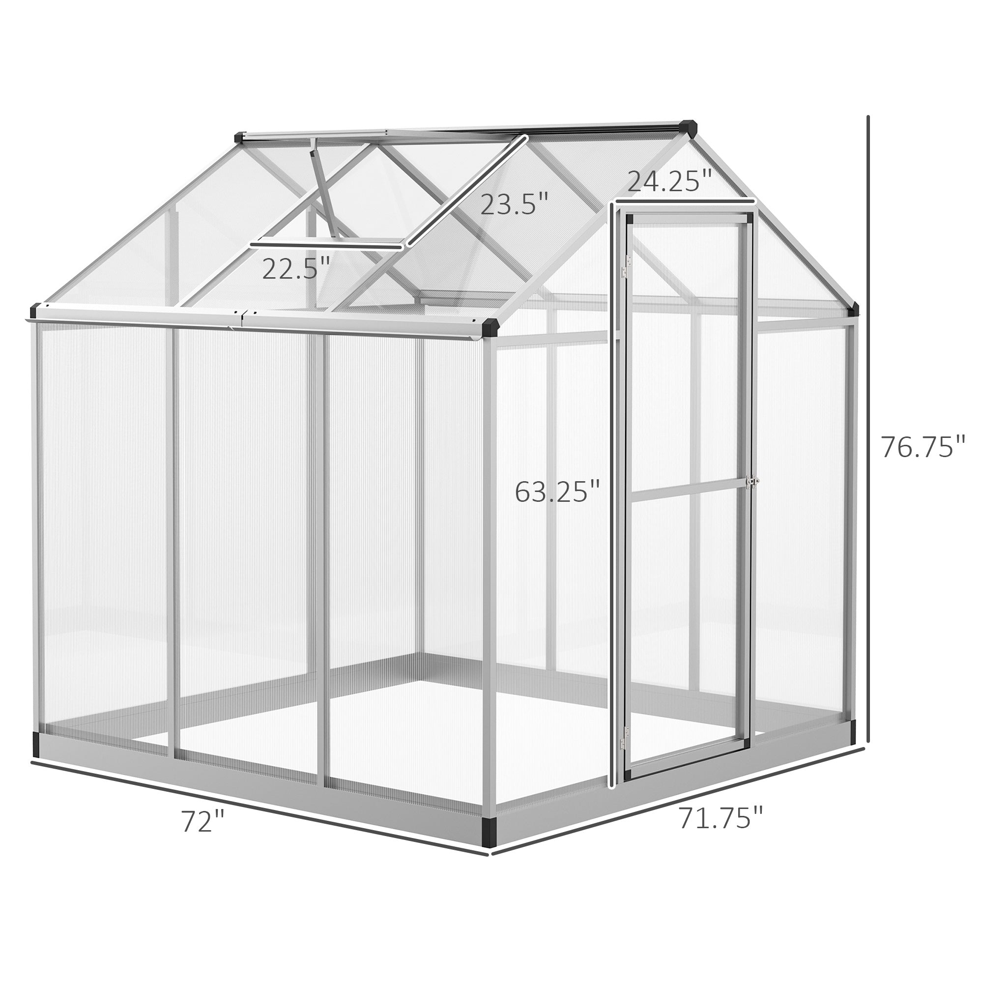 6' L x 6' W Walk-In Polycarbonate Greenhouse with Roof Vent for Ventilation & Rain Gutter for Winter - Silver - Image 3