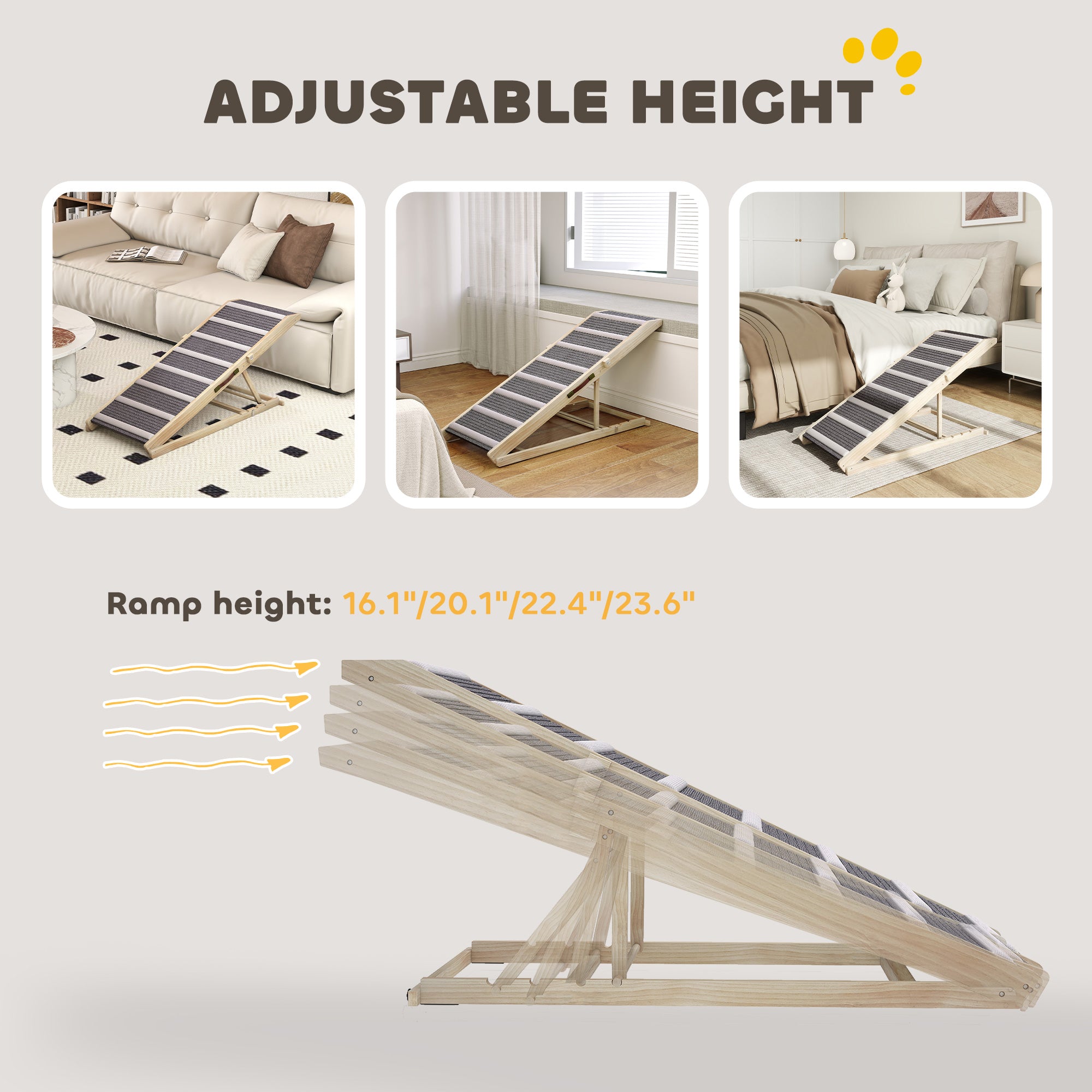 Dog Ramp for Couch, Foldable Pet Ramp for Small to Large Dog, 4 Adjustable Height from 16" to 23.5" - Natural wood finish - Image 6