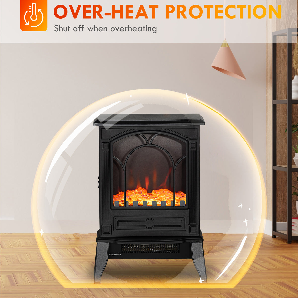 Electric Fireplace Heater, Freestanding Fireplace Stove with Realistic Flame Effect Overheat Protection 725W/1450W Black