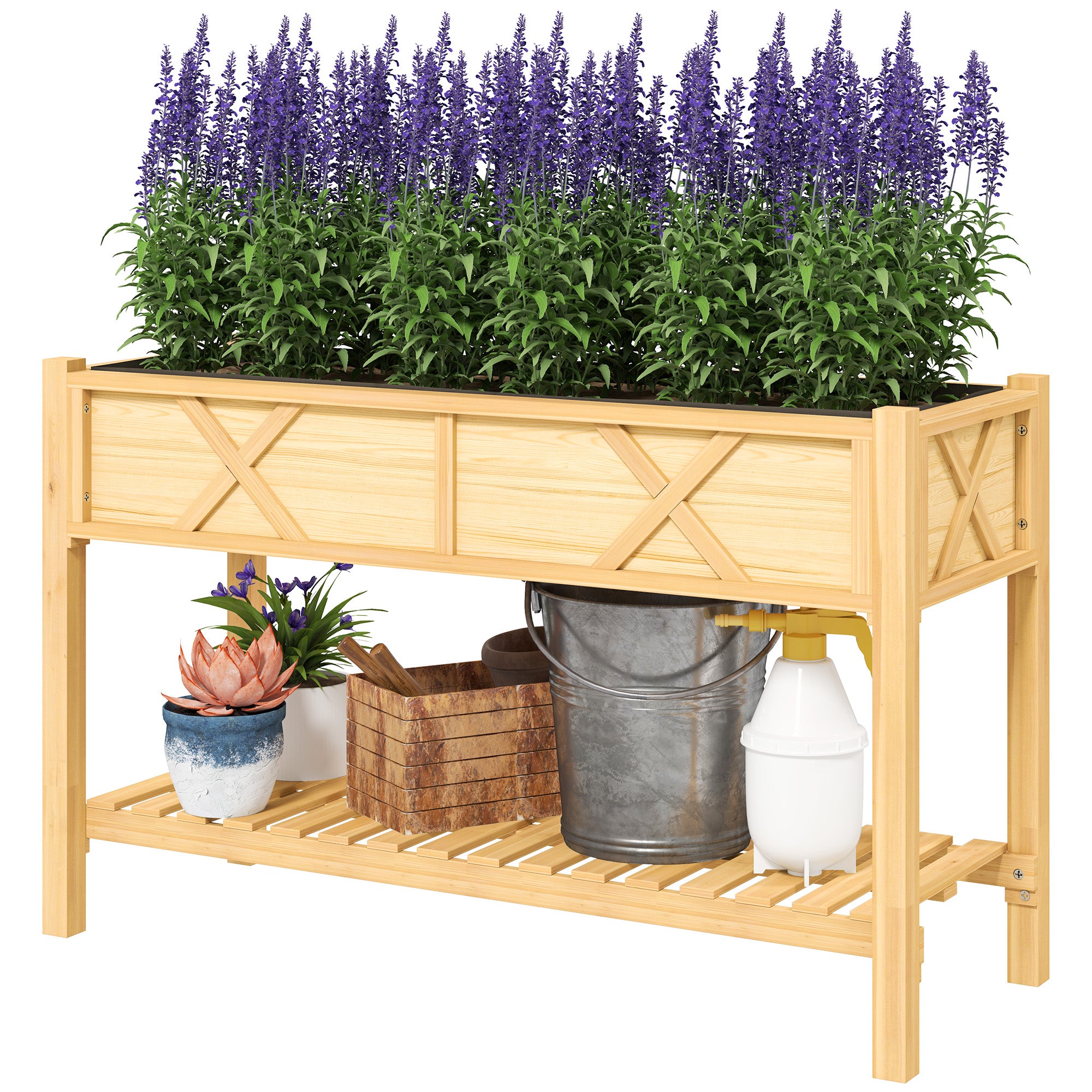 Raised Garden Bed, 47 x 22 x 31.5 in. Elevated Wood Planter Box with Storage Shelf, Drainage Holes, and Liner, Natural - Natural Wood