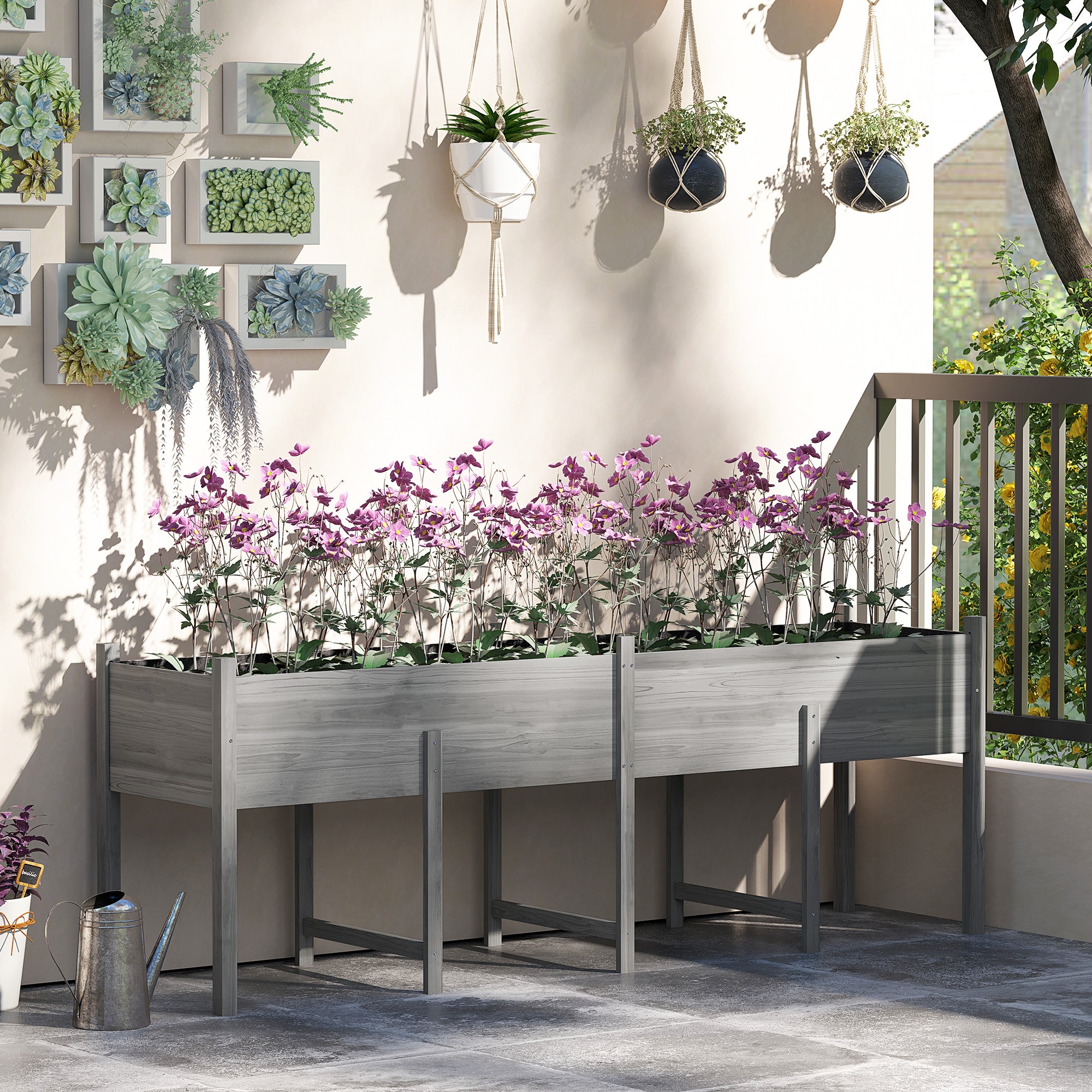 Wooden Raised Garden Bed, Large Elevated Planter Box with Legs, Bed Liner and Drain Holes, 7.4' x 1.8' x 2.6', Gray - Gray - Image 2