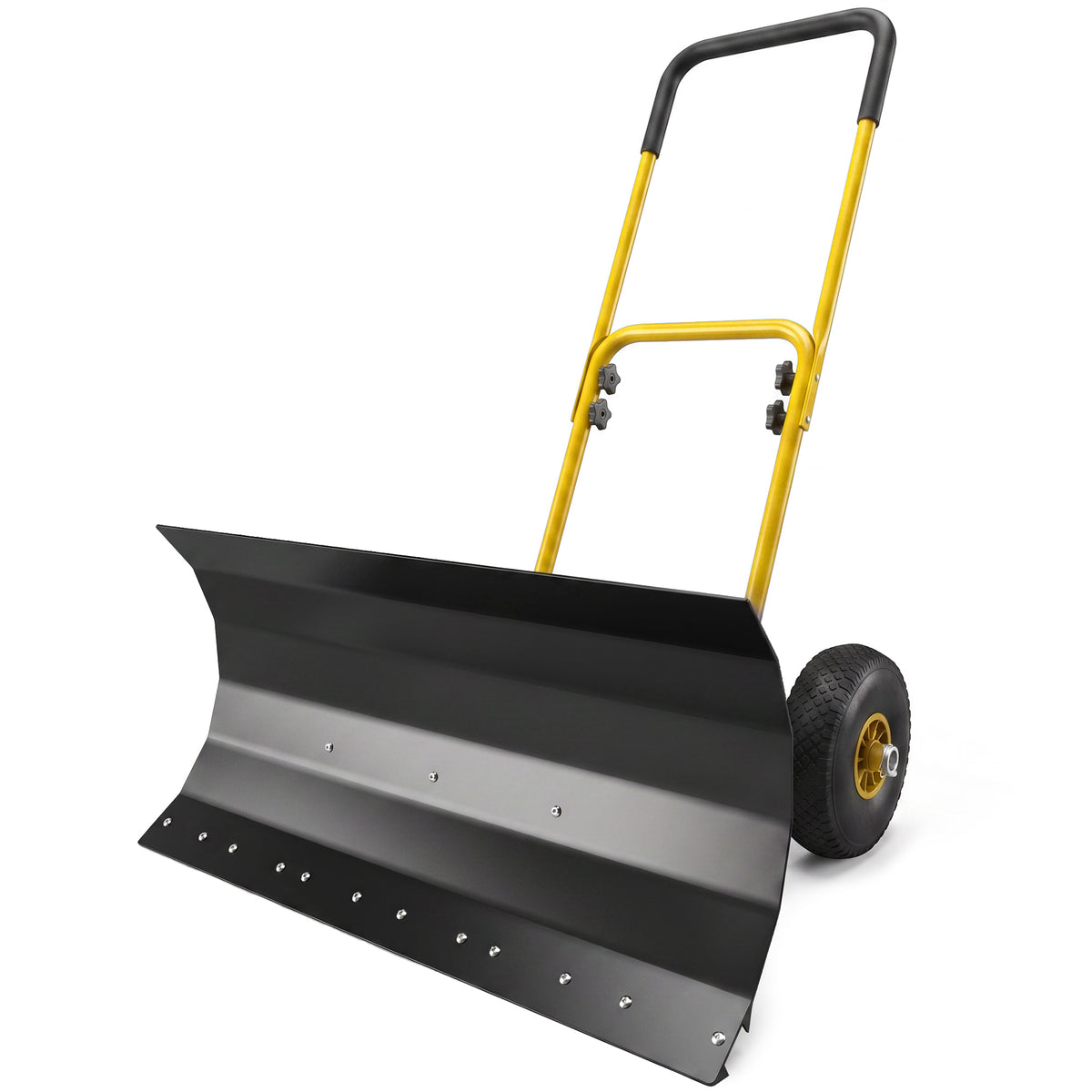 Snow Shovel with Wheels, 29" x 16.5" Metal Snow Pusher with Adjustable Handle, 5-Angle Blade for Driveway, Yellow