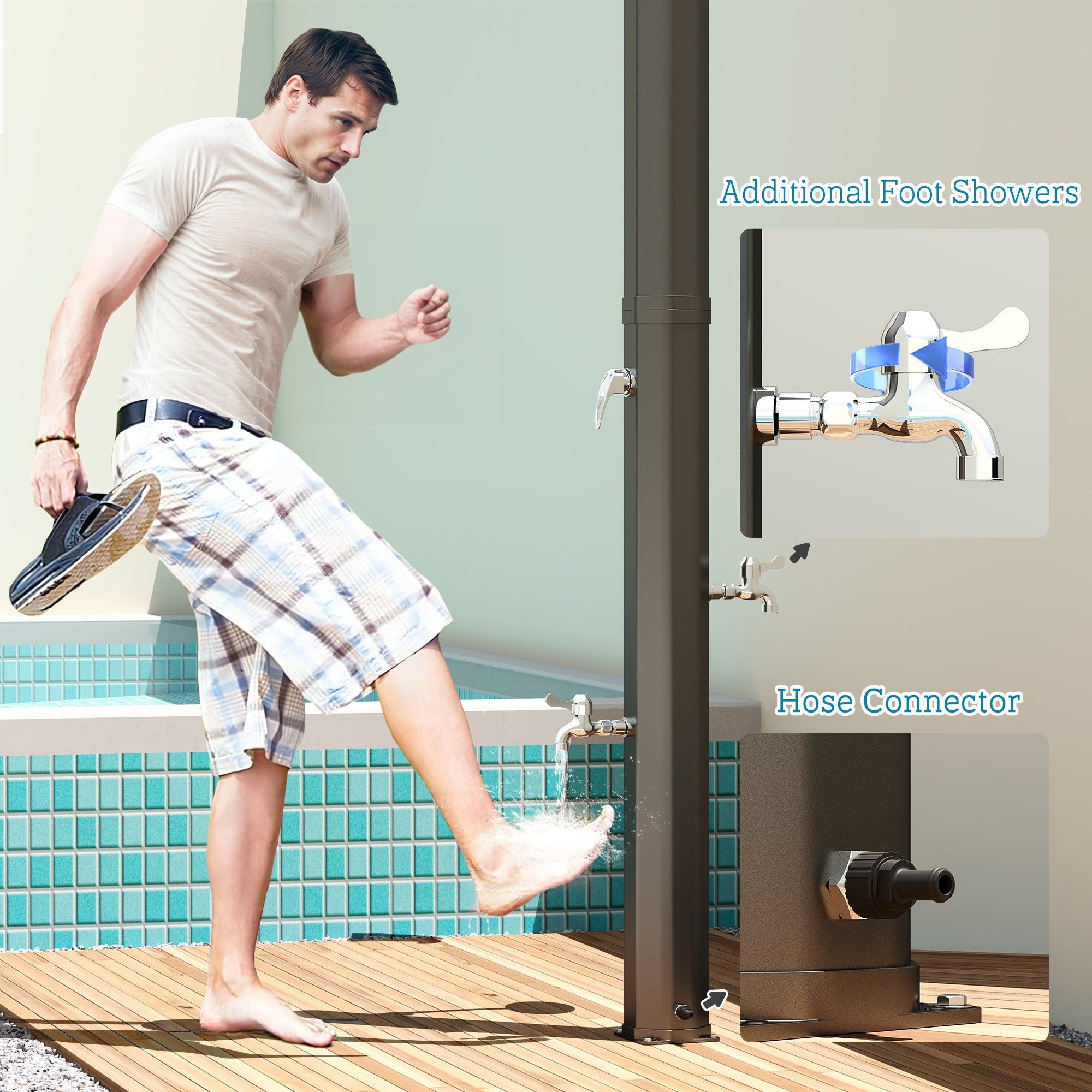 9.2 Gallon Slolar Heated Outdoor Shower with 2 Free-Rotating Shower Heads and Foot Showers for Poolside Beach Spa, 7.1ft