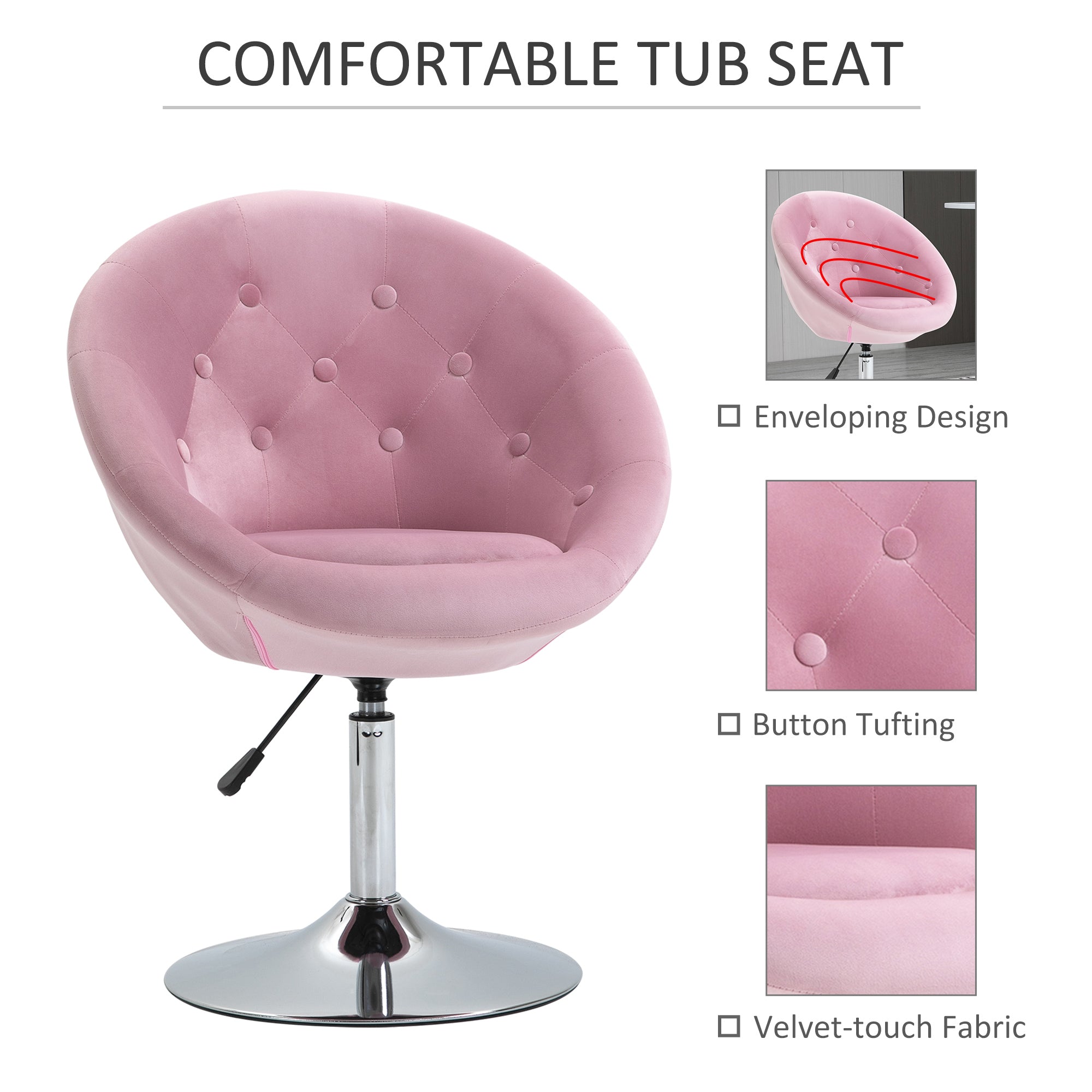 Modern Makeup Vanity Chair Round Tufted Swivel Accent Chair with Chrome Frame Height Adjustable, Pink