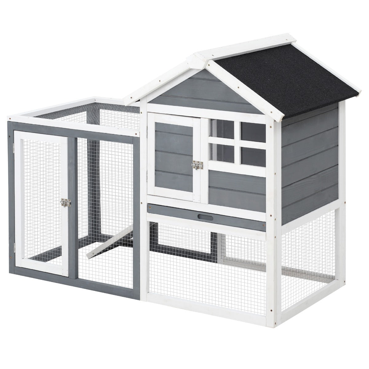 Indoor Rabbit Enclosure, 48" Weatherproof Wooden Rabbit Hutch, with Slanted Asphalt Roof & Fun Outdoor Run for Bunnies & Ferrets - Gray - Grey and White