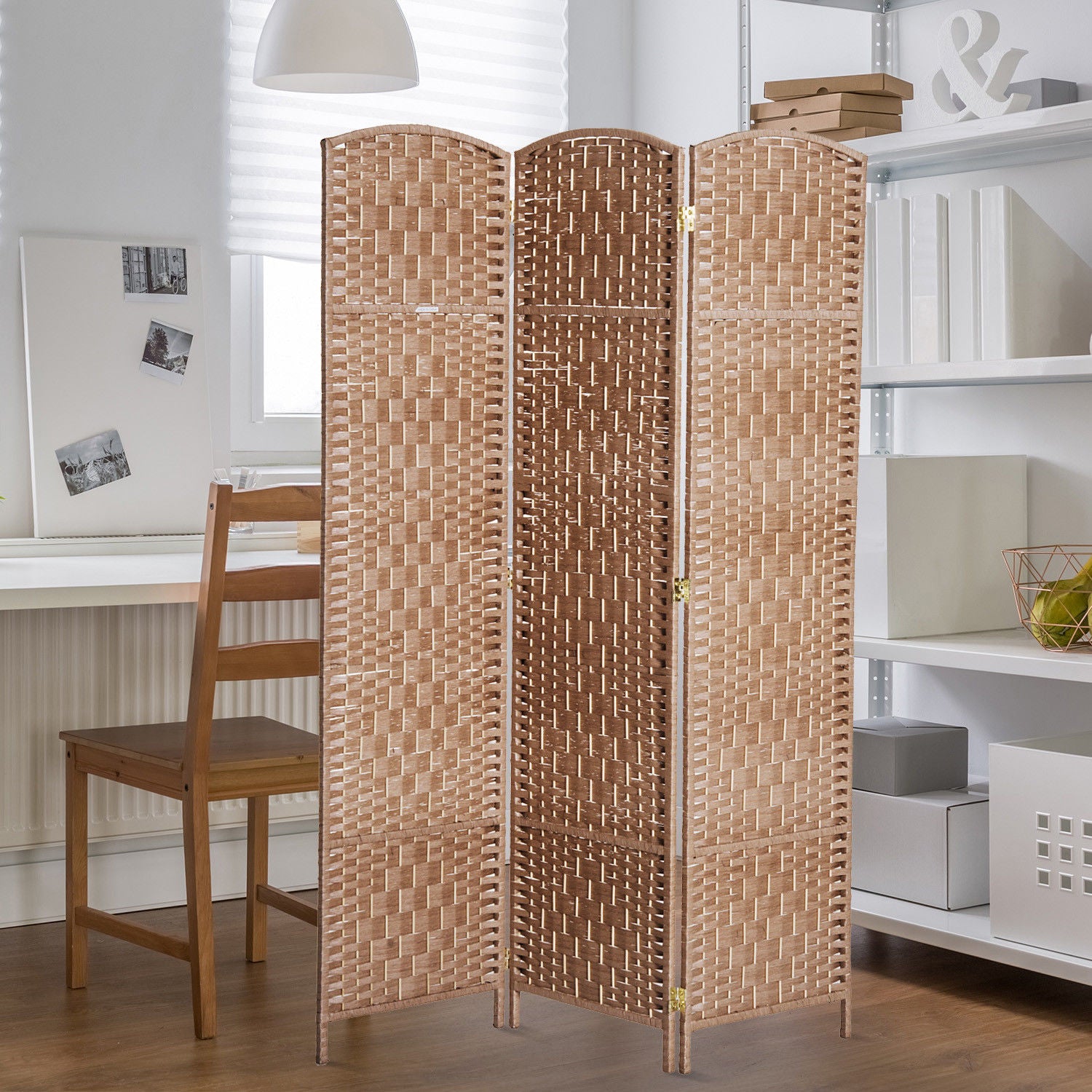 6' Tall Wicker Weave 3 Panel Room Divider Wall Divider, Natural Wood