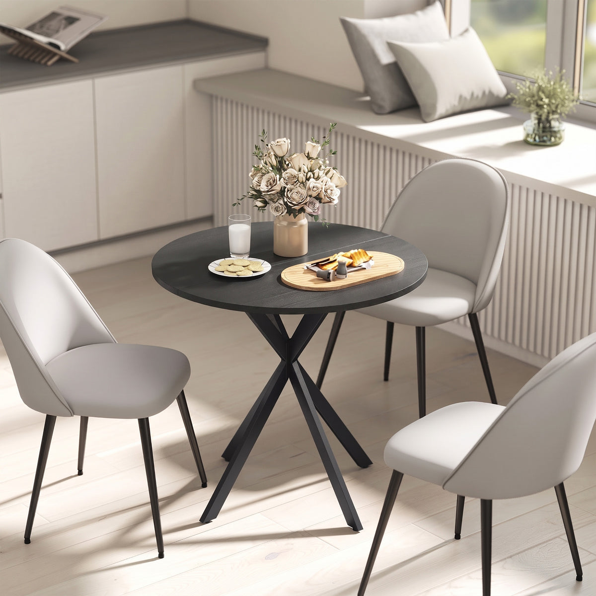 31.5" Small Round Dining Table for 2, Industrial Kitchen Table with Cross Steel Legs for Dining Room, Distressed Black