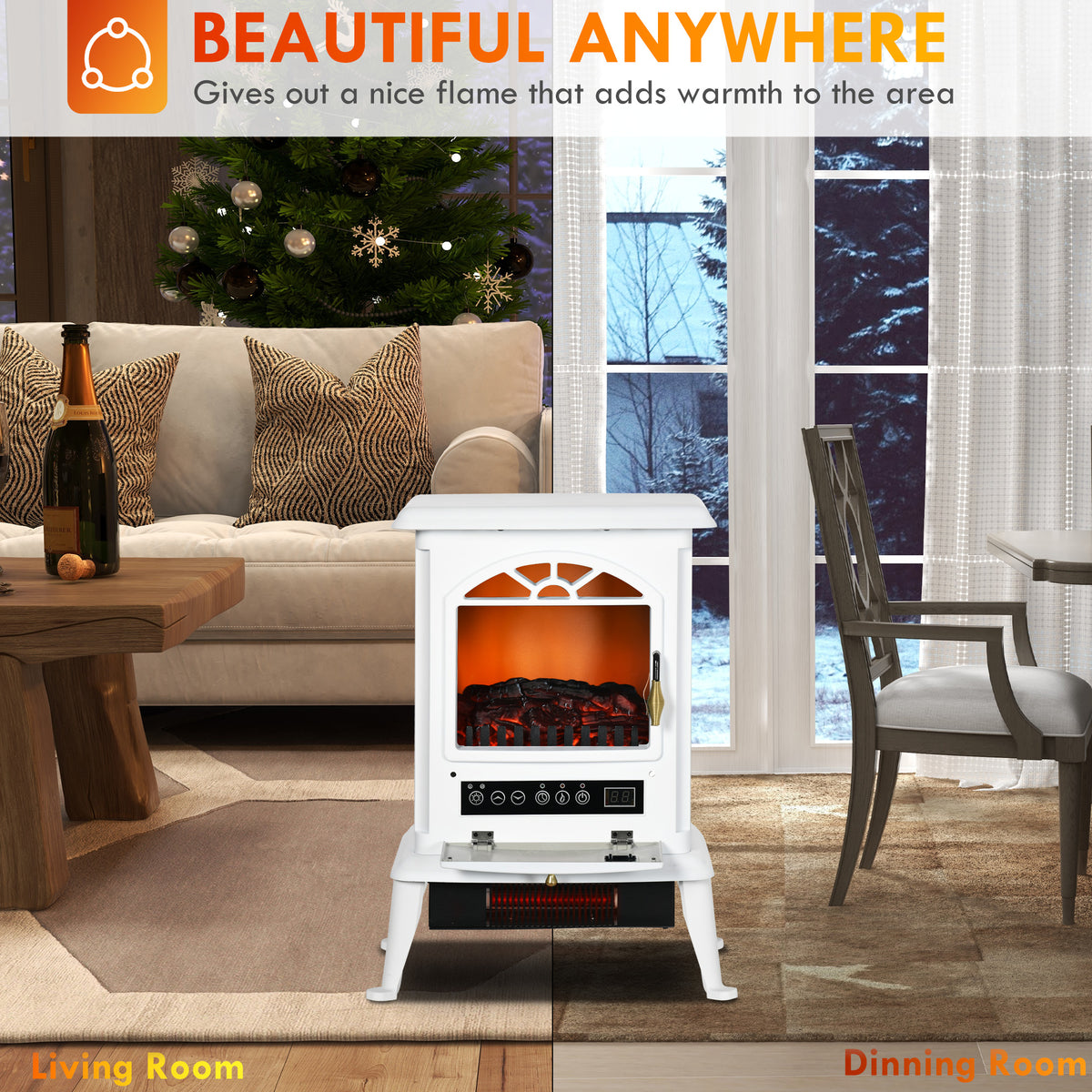 23" Electric Infrared Fireplace Stove, Freestanding Fire Place Heater with Realistic Log Flame, Adjustable Temperature, Timer, 1000W/1500W, White