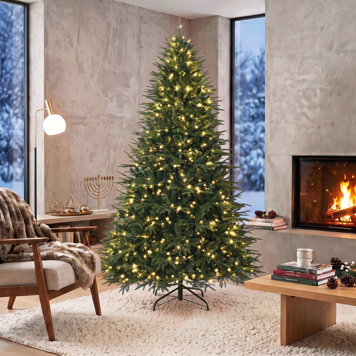 7.5ft Pre-lit Classic Artificial Christmas Tree with 3,719 Branch Tips 1000 Warm White LED Lights, Green