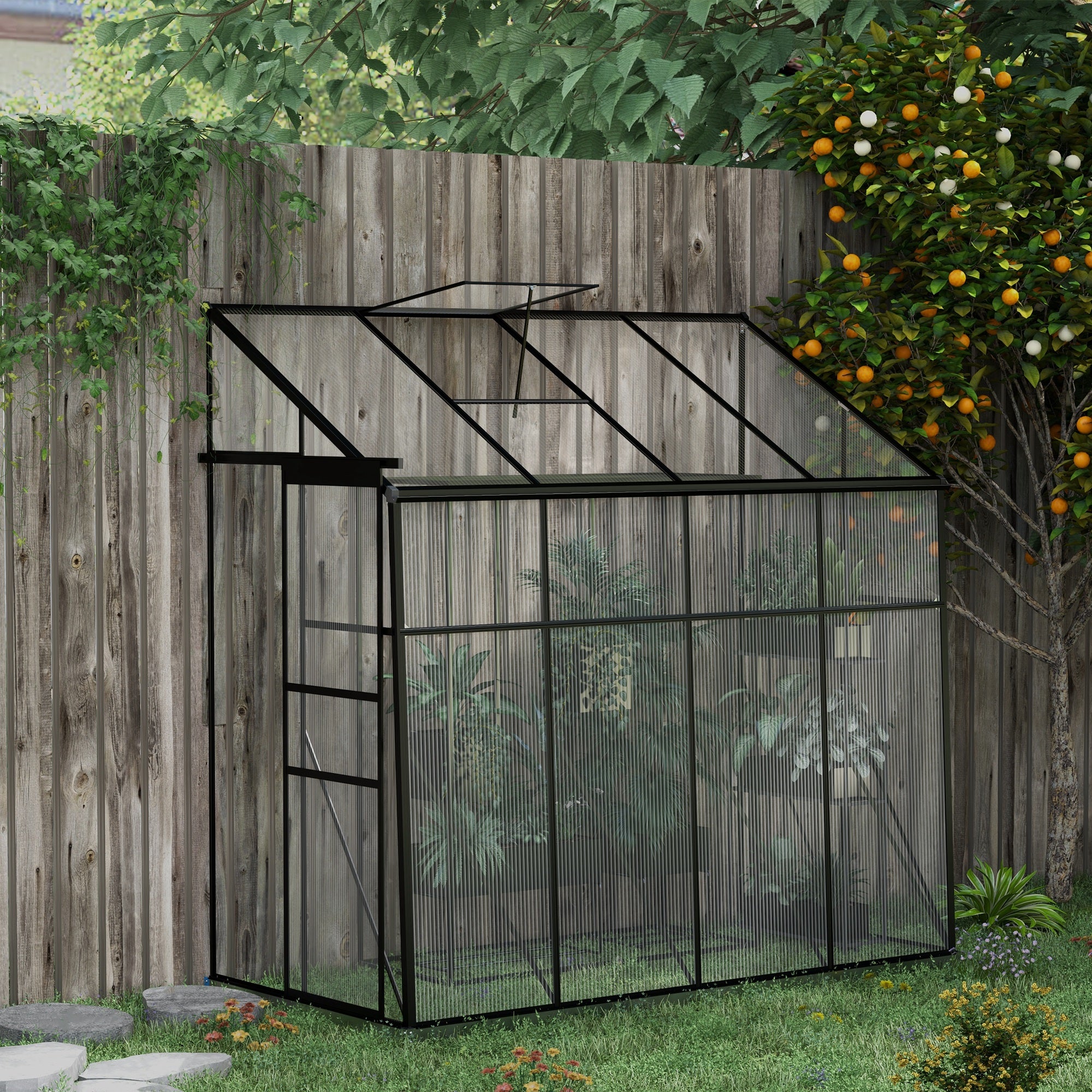 8' x 4' Walk-in Polycarbonate Greenhouse, Lean-to Aluminum Green House with Rain Gutter and Foundation, Black - Black - Image 2