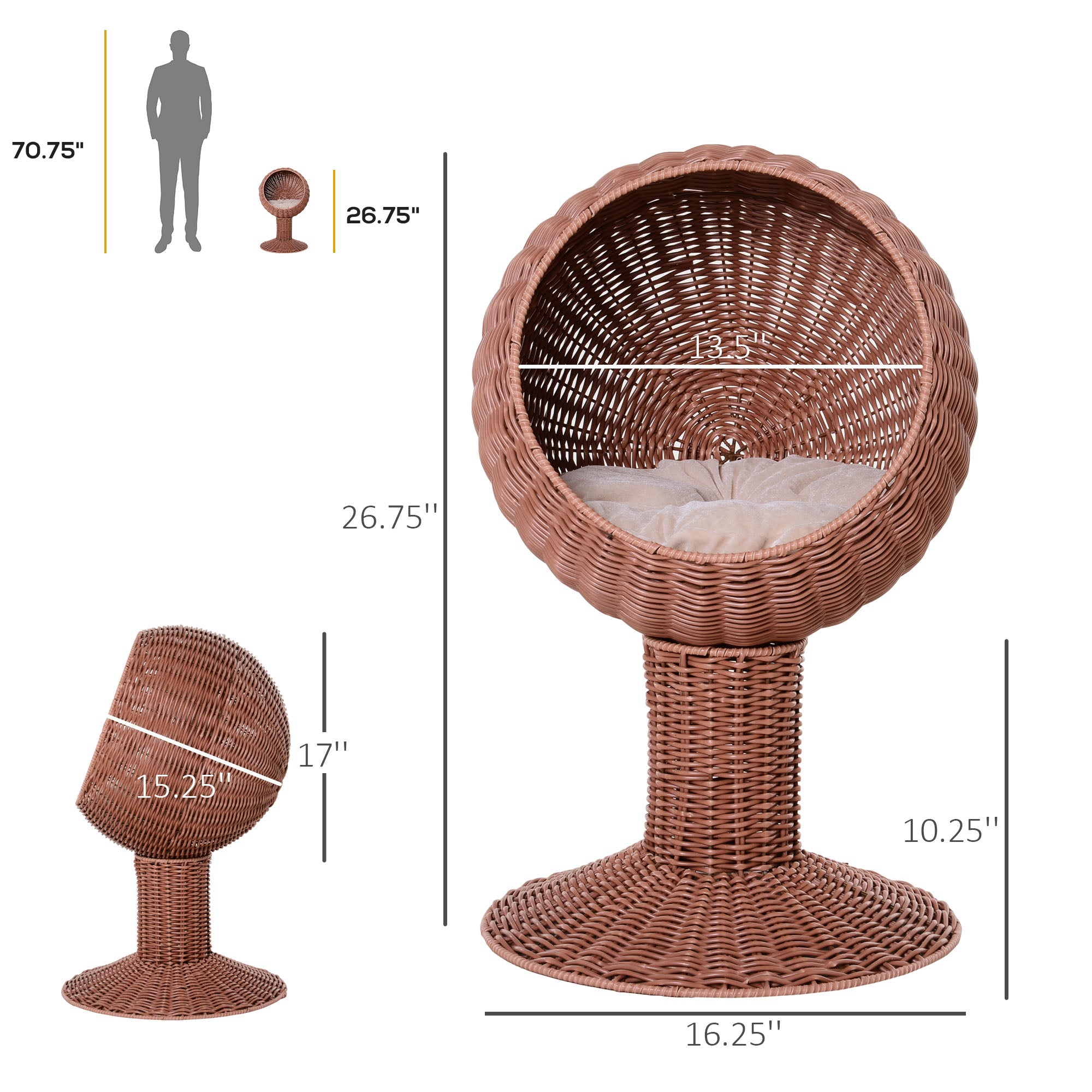 Elevated Cat Bed with Rotatable Egg Chair Pod, Cat Basket Bed with Thick Cushion, Natural Mat Grass Woven Kitty House, Brown - Brown - Image 3