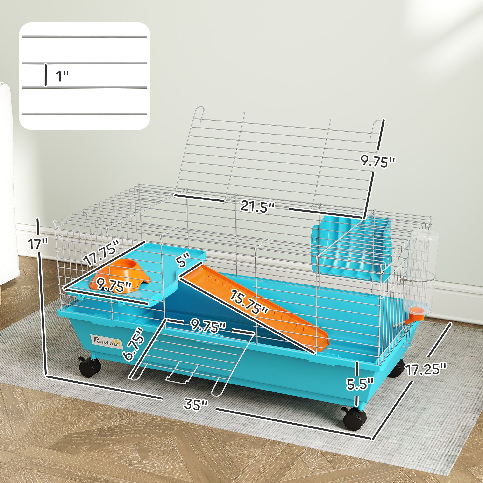 35"L Small Animal Cage, Rolling Bunny Cage, Guinea Pig Cage with Wheels, Food Dish, Water Bottle, Hay Feeder, Blue - Blue - Image 3