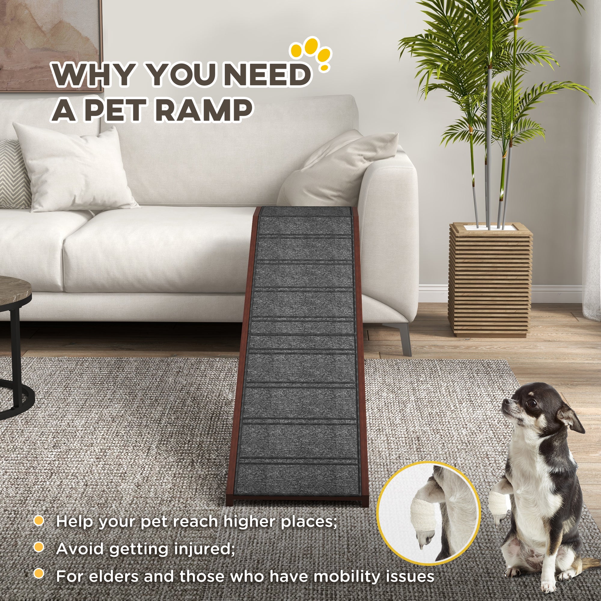 Dog Ramp for Bed, Pet Ramp for Dogs with Non-Slip Carpet and Top Platform, 74" x 16" x 25", Brown - Brown - Image 5