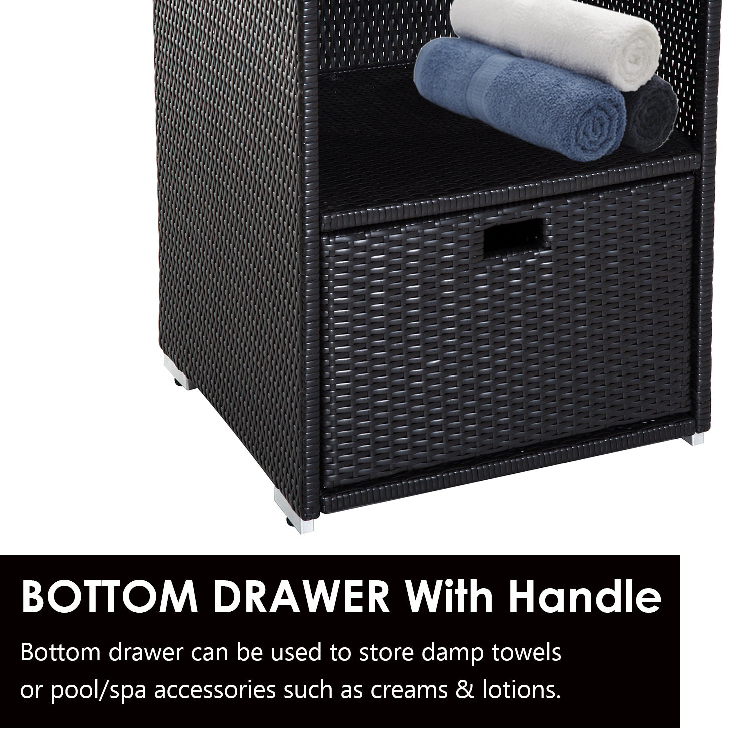 Poolside Towel Cabinet, Rattan Wicker with Storage,2-Tier Shelves and Bottom Drawer, for Pool, Patio Backyard, 47", Dark Brown - Dark Brown - Image 6