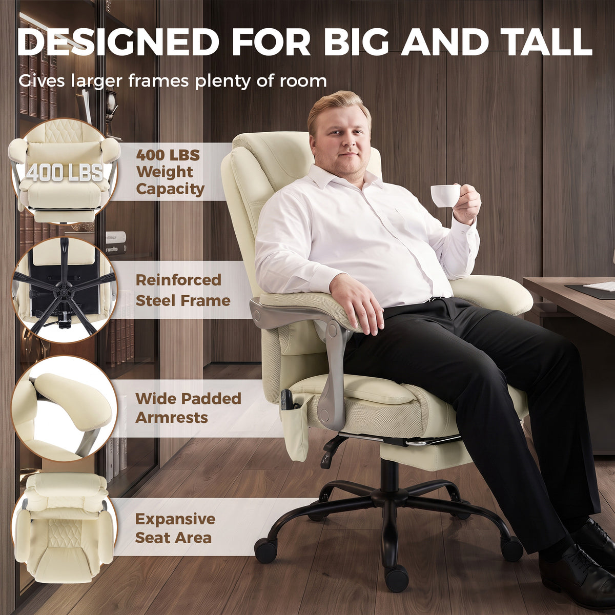 400lbs Massage Office Chair with Heat, Big and Tall Desk Chair, Lumbar Support, Reclining, Footrest, Beige