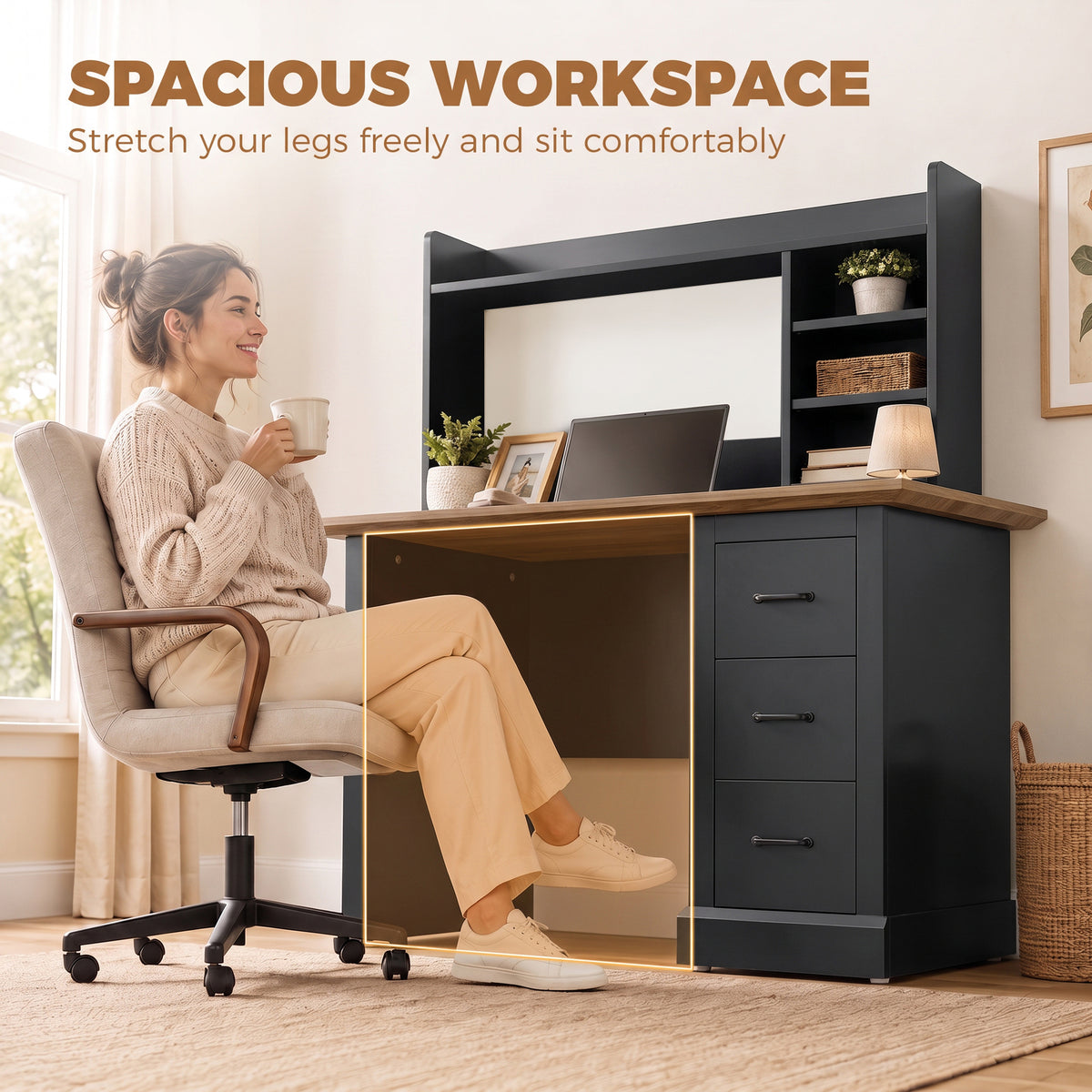 Computer Desk with 3 Drawers and Storage Shelves, 47" Home Office Study Writing Table, Walnut and Black