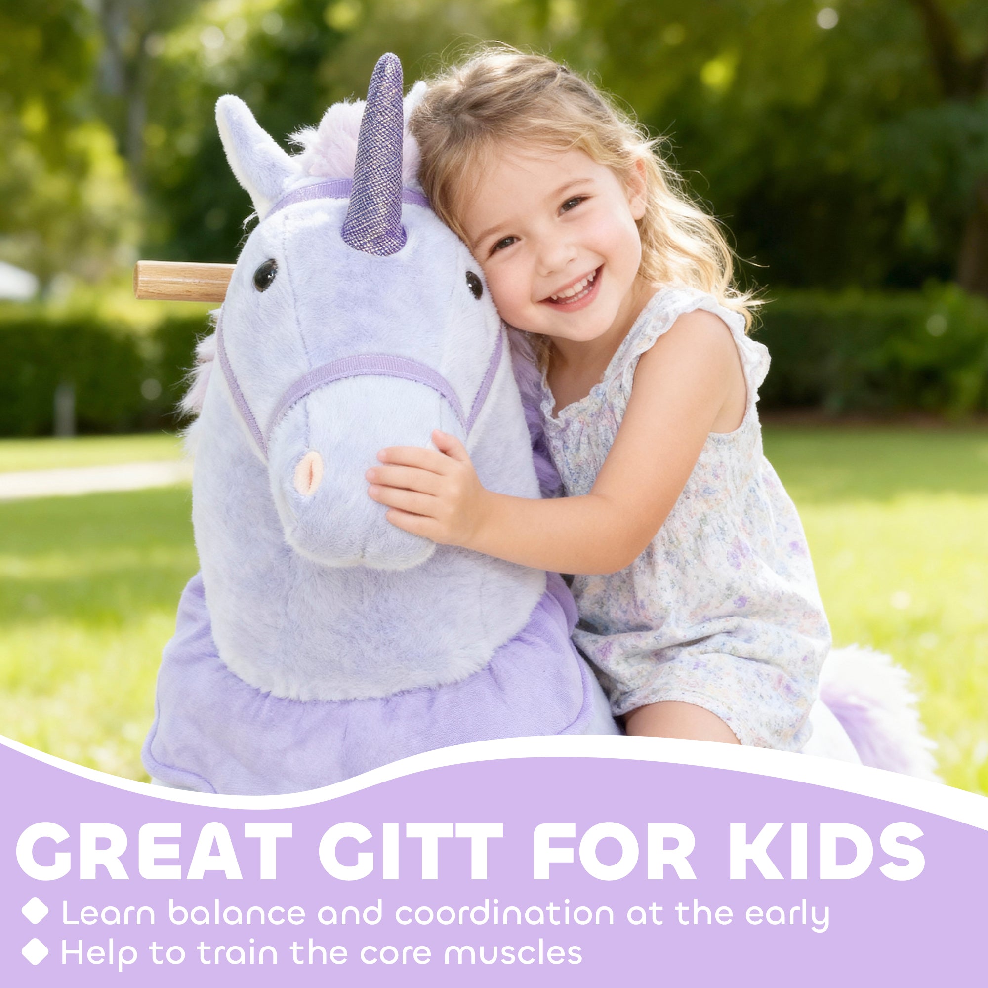 Ride on Unicorn Toy for Kids 4-7 Years, 37.8 Inch Plush Baby Rocking Horse with Wheels, No Battery Required, Purple