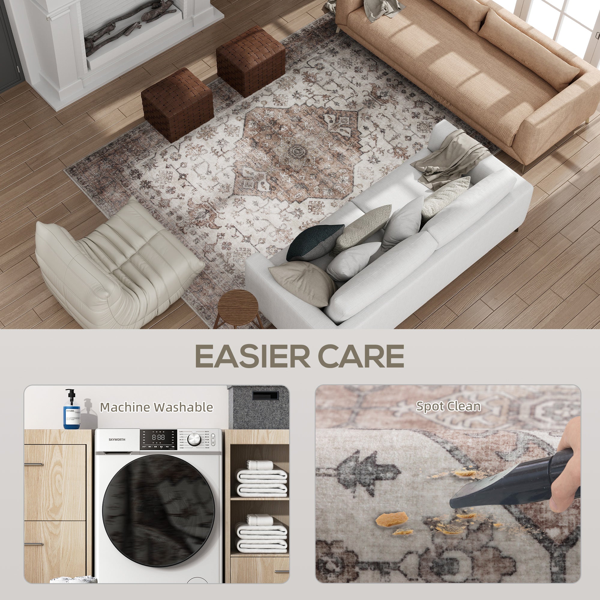 5x7 Area Rug, Vintage Machine Washable Rug, Non-Slip Floor Carpet for Living Room, Bedroom, Dining Room, Tan