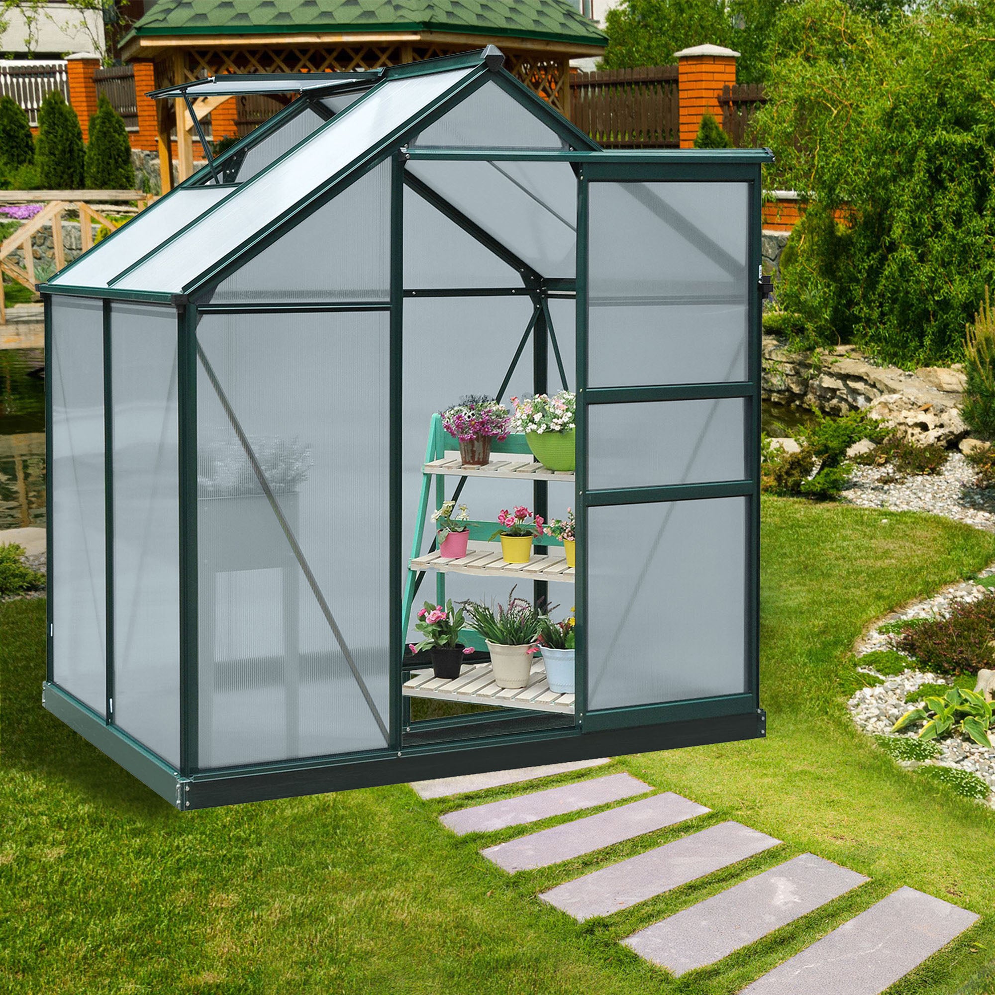 6' x 4' Greenhouse for Outdoors, Polycarbonate Greenhouse with Rain Gutter and Roof Vent, Aluminum Walk-in Green Houses for Outside for Patio Backyard Garden, Dark Green - Dark Green - Image 2