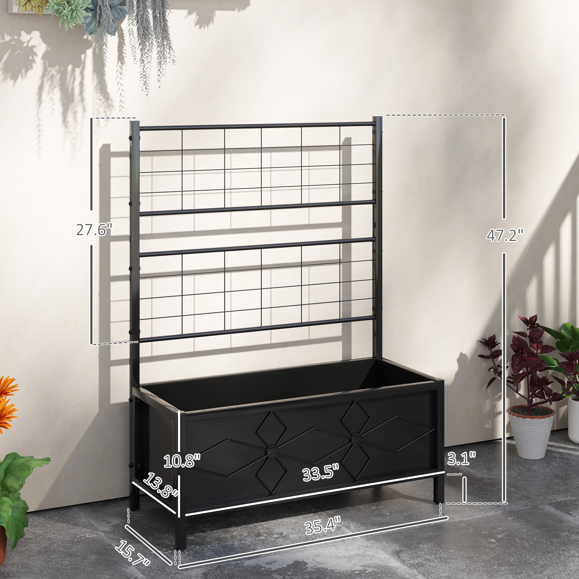 Outdoor Planter Box Galvanized Raised Garden Bed with Trellis for Climbing Vines, 35.4" x 15.7" x 47.2", Black - Black - Image 3
