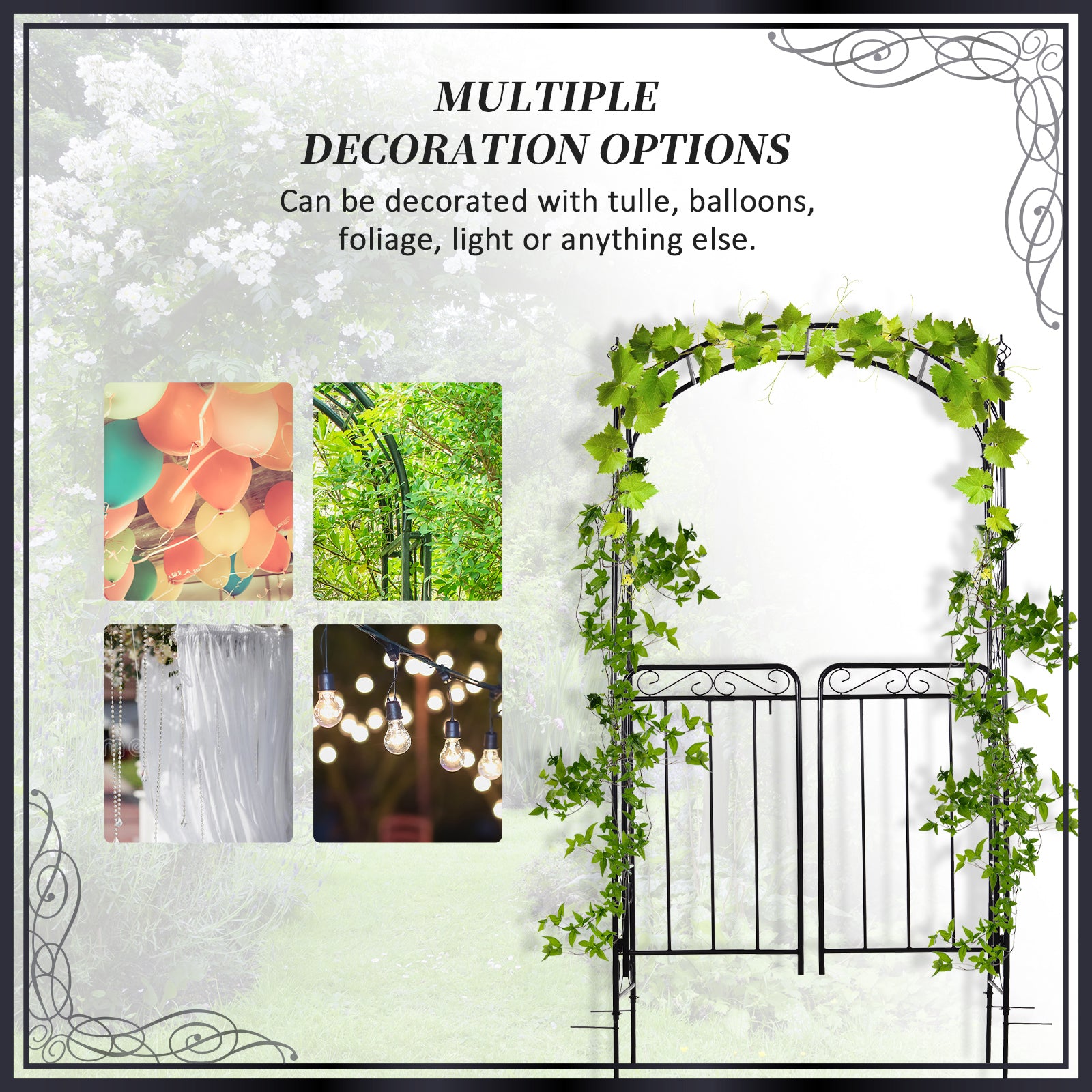 84" Garden Arch Arbor with Gate, Metal Arch Trellis, Garden Archway for Climbing Vines, Wedding Ceremony Decoration, Flourishes & Arrow Tips, Black - Matte Black - Image 6