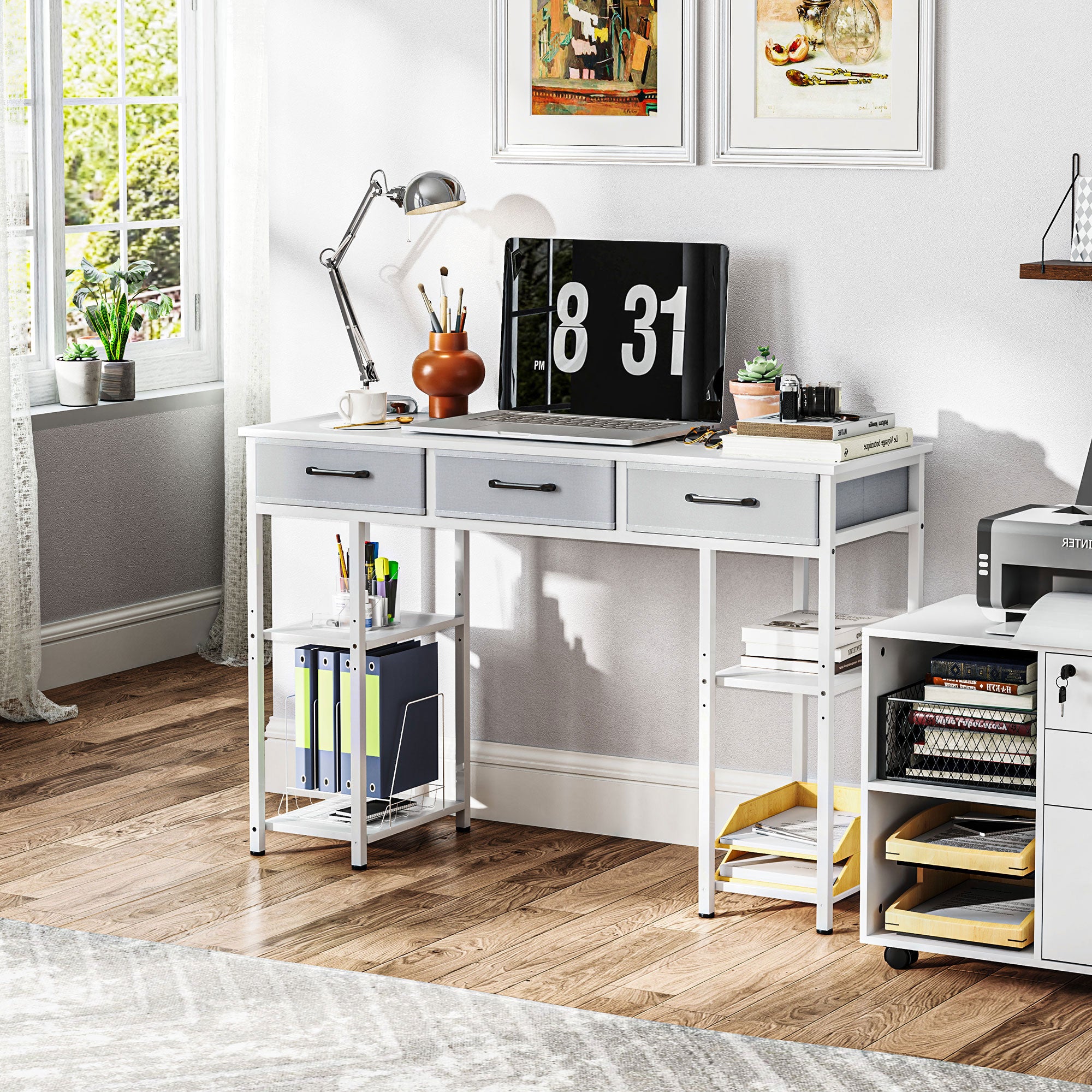 47" Small Computer Desk, Writing Desk with Fabric Drawers, Home Office Desk with Adjustable Shelves, White