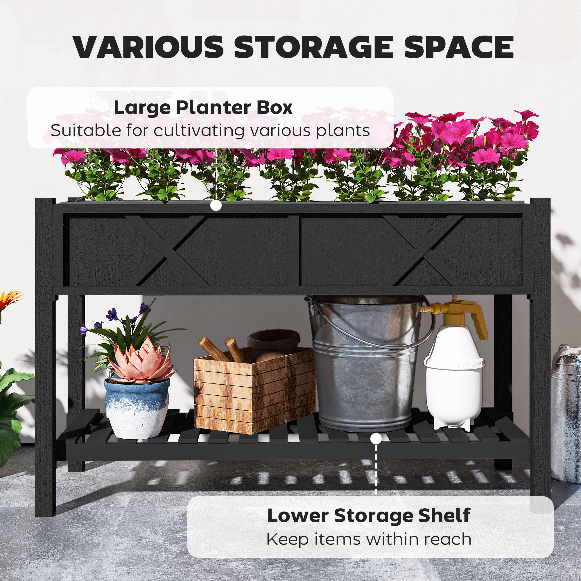 Raised Garden Bed, 47 x 22 x 31.5 in. Elevated Wood Planter Box with Storage Shelf, Drainage Holes, and Liner, Black - Black - Image 4
