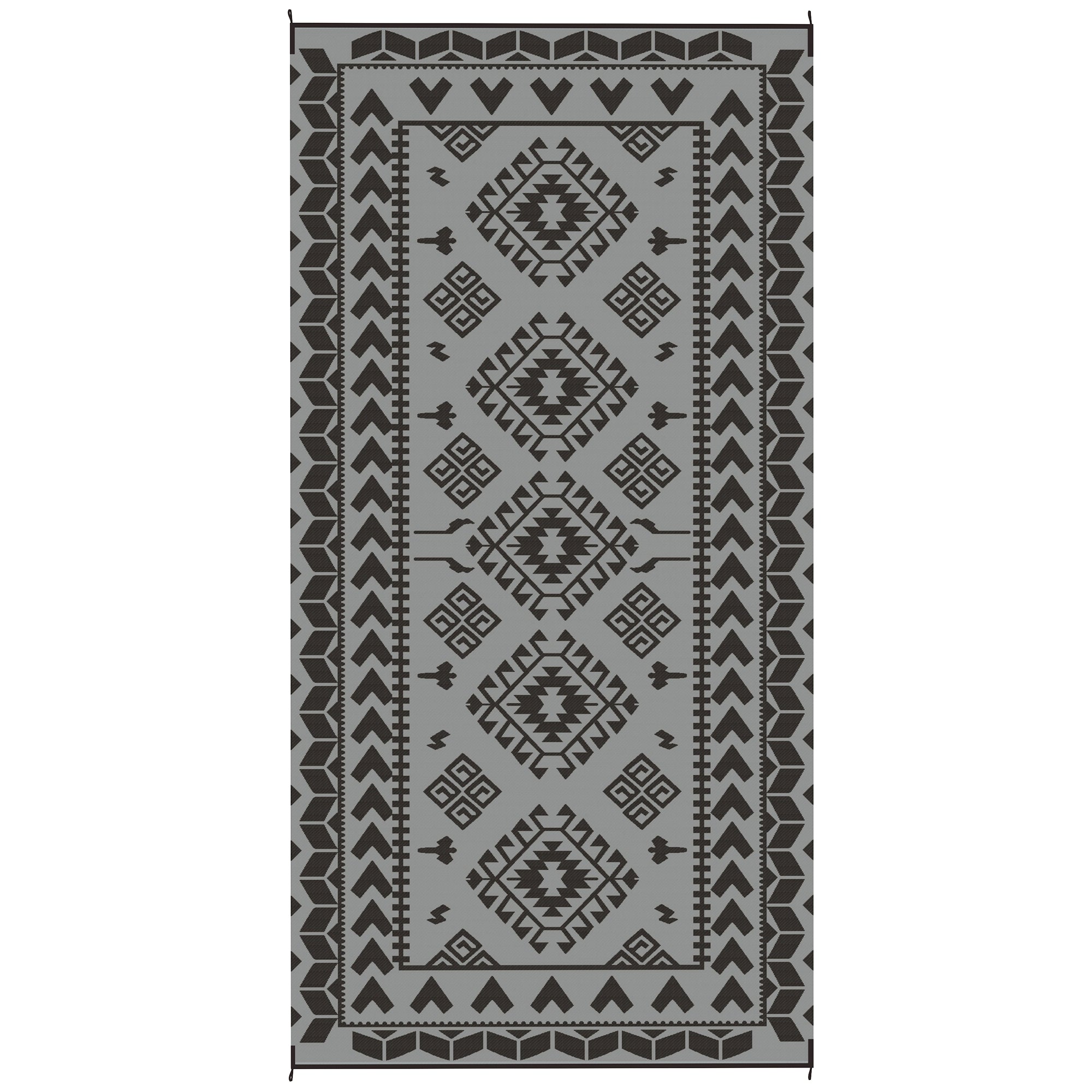 Reversible Outdoor Rug, Waterproof Plastic Straw with Carry Bag, 9' x 18', Black & Gray Rhombus Patchwork