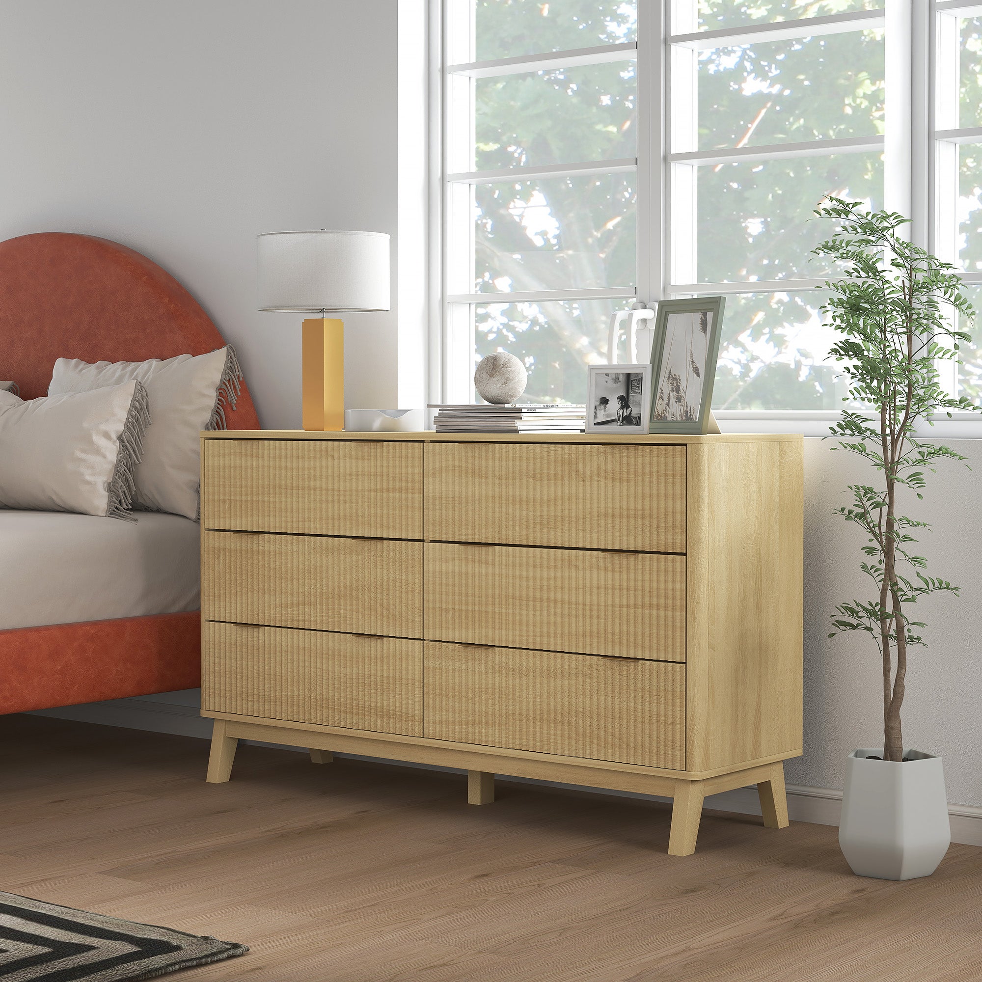 6 Drawer Double Dresser for Bedroom, Fluted Chest of Drawers with Gold Finger Pulls and 5 Wood Legs, Natural Wood