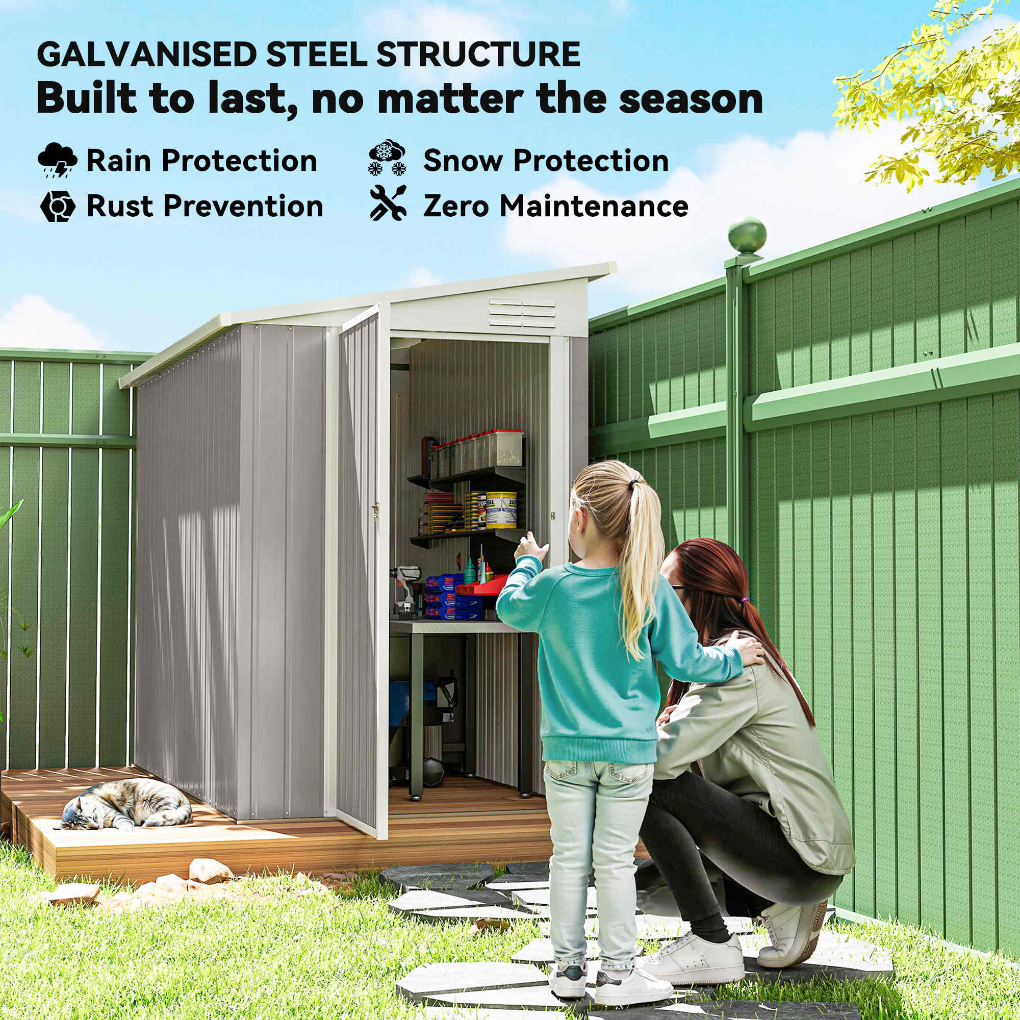 4' x 8' Lean to Garden Storage Shed, Outdoor Metal Tool House with Lockable Door Vents for Backyard Patio Lawn, Light Gray - Light Gray - Image 4