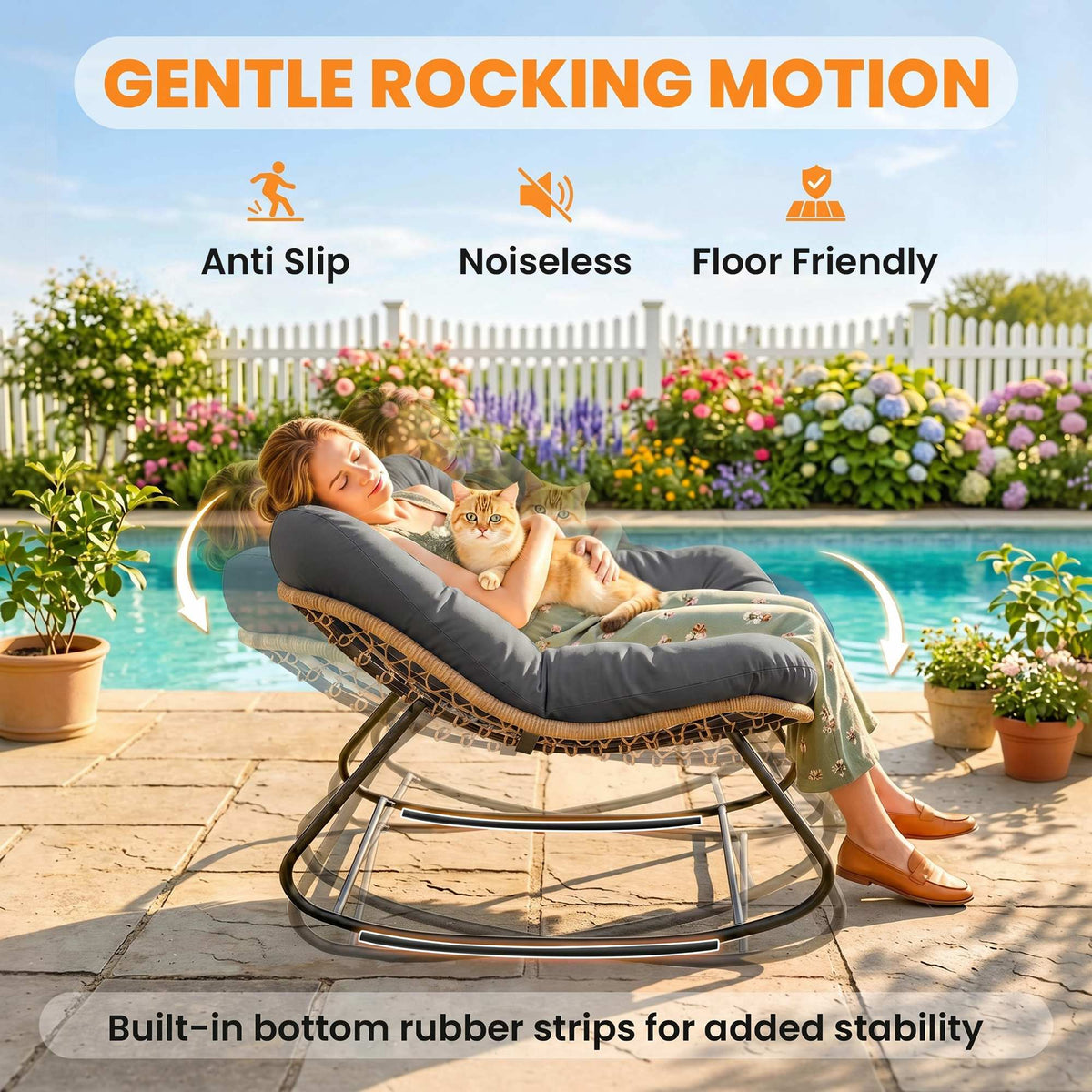 Indoor Outdoor Papasan Rocking Chair, Oversized Rocking Egg Chair with Cushion for Garden, Patio, Dark Gray