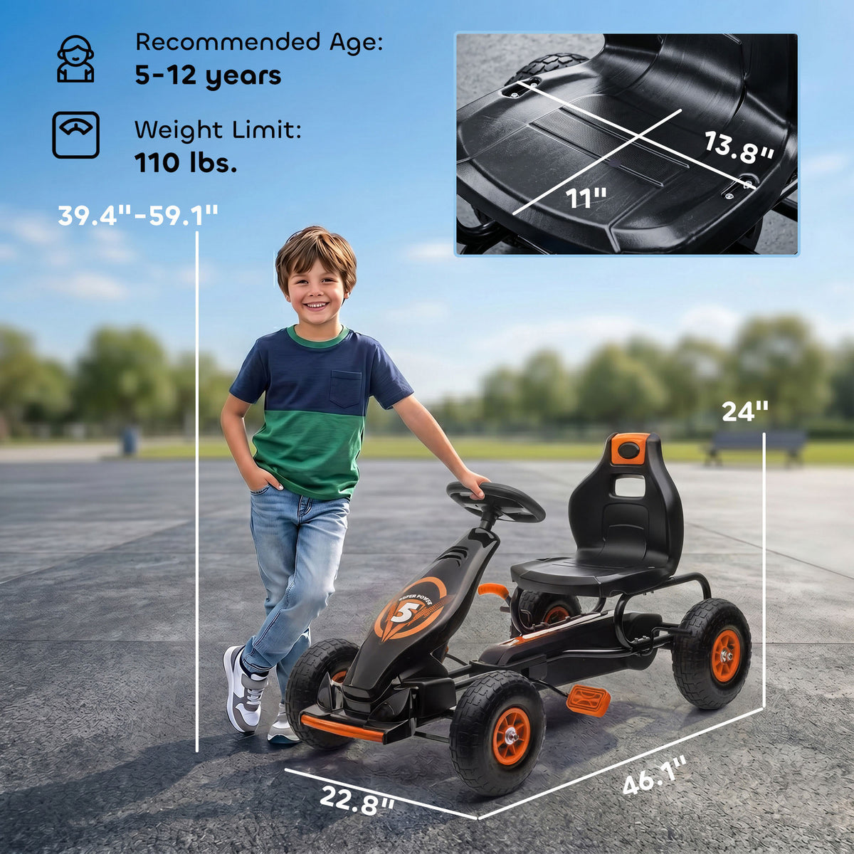 Kids Pedal Go Kart Ride-on Toy with Ergonomic Comfort, Pedal Car with Tough, Wear-Resistant Tread for Ages 5-12, Orange