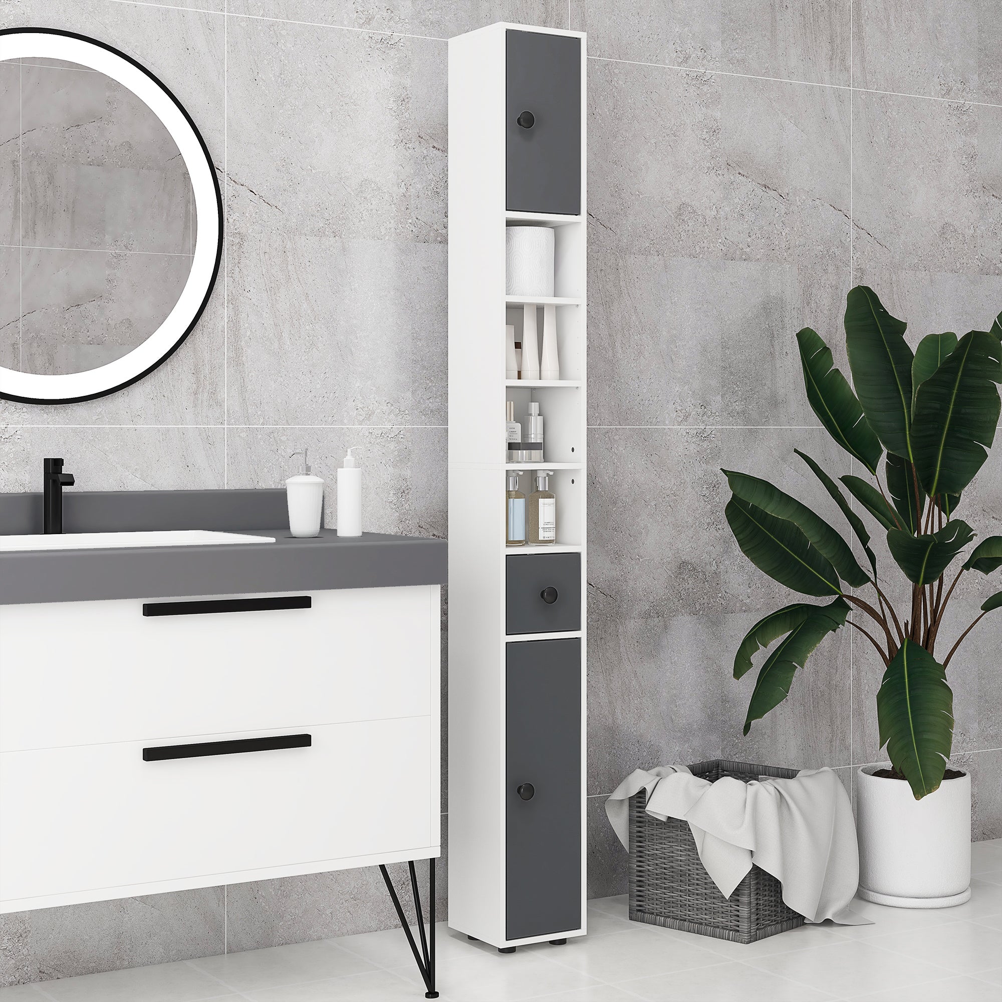 71" Small Bathroom Storage Cabinet, Narrow Toilet Paper Cabinet with Open Shelves, 2 Cabinets, Adjustable Shelves, Gray