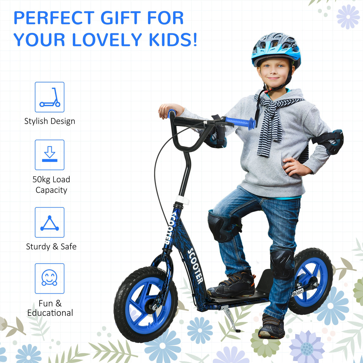 Kids Scooter with Adjustable Handlebar, Kids Kick Scooter with Non-slip Footplate, Rear Brake, 12" EVA Wheels, Blue