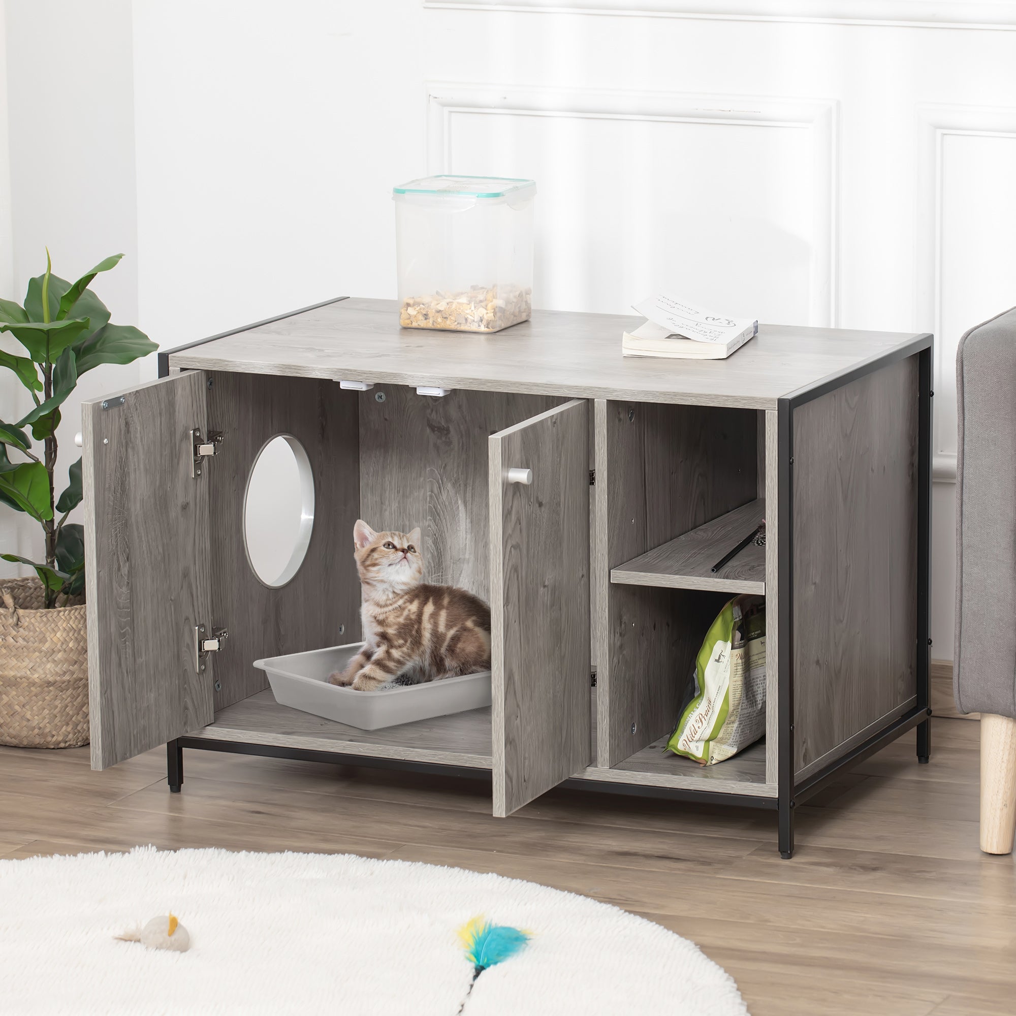 Large Wooden & Steel Cat Litter Box Enclosure, Kitten Washroom End Table, Indoor Hidden Cat House with Magnetic Doors & Storage Shelves, Gray - Grey - Image 2