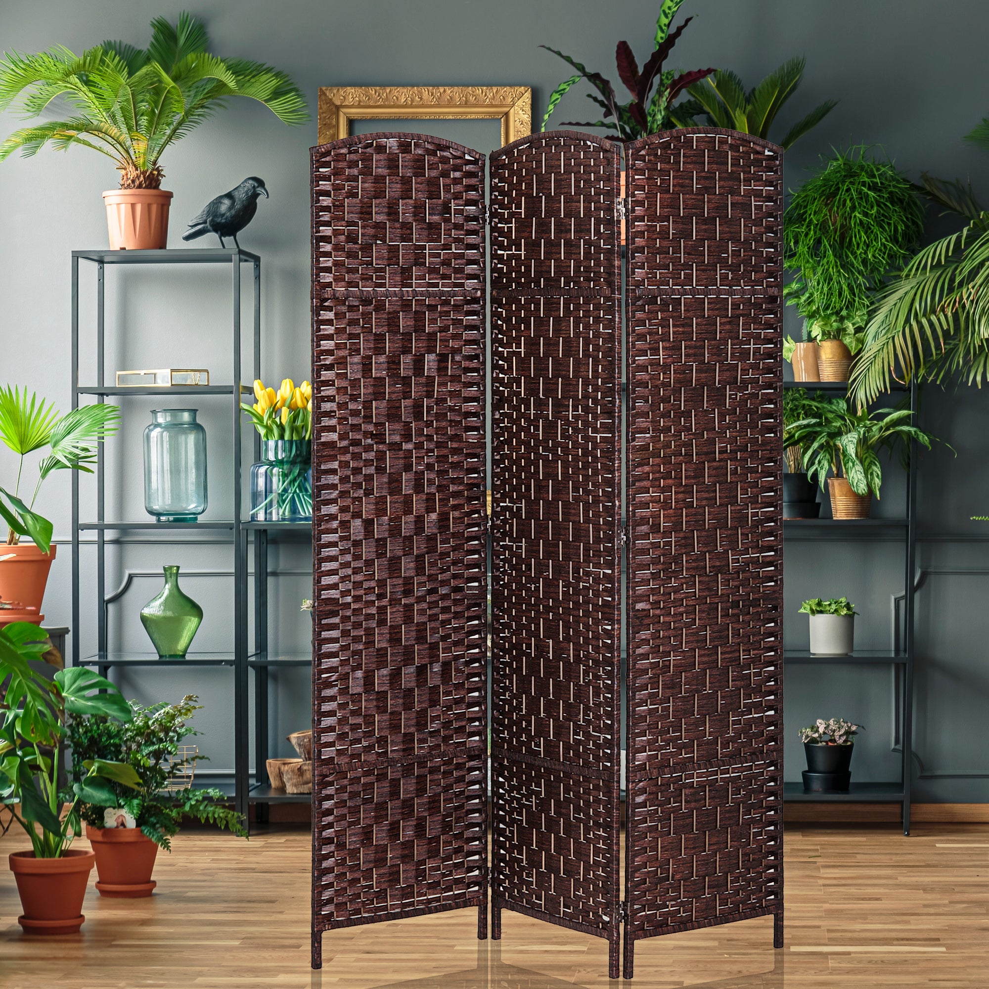 Room Divider 3 Panel, 6FT Tall Folding Privacy Screen, Freestanding Hand-Woven Partition for Room Separation with 360° Hinges, Paper Rope Diamond Weave, Brown