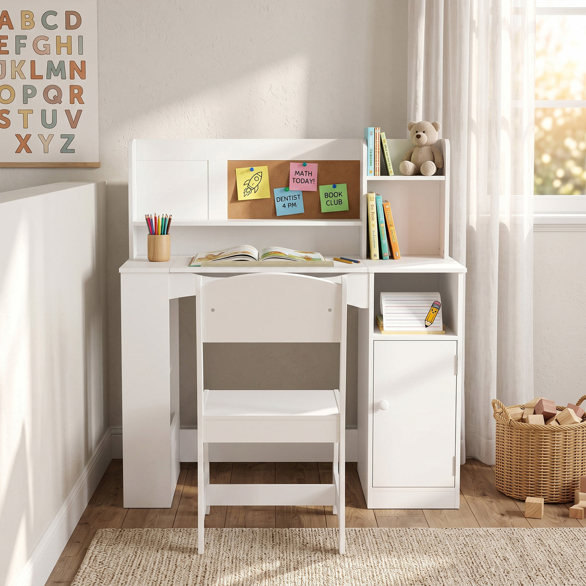 Kids Desk and Chair Set, Wooden Children Study Table with Tiltable Desktop, Storage Cabinet, Hutch for 3-12, White